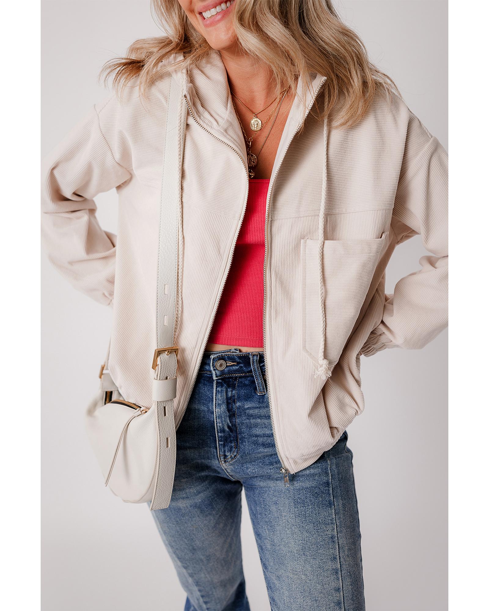 White Corduroy Drawstring Hooded Pocket Zip Up Jacket - M