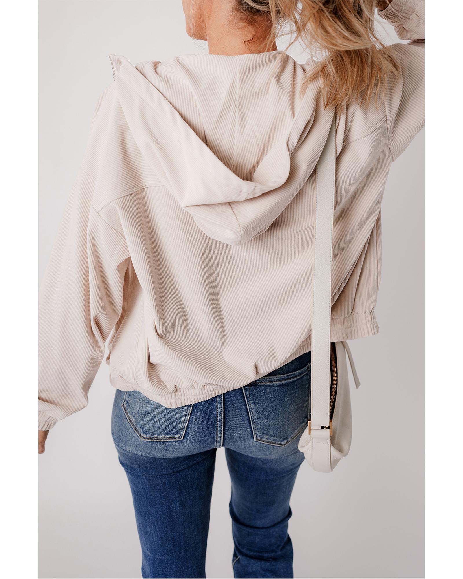 White Corduroy Drawstring Hooded Pocket Zip Up Jacket - S