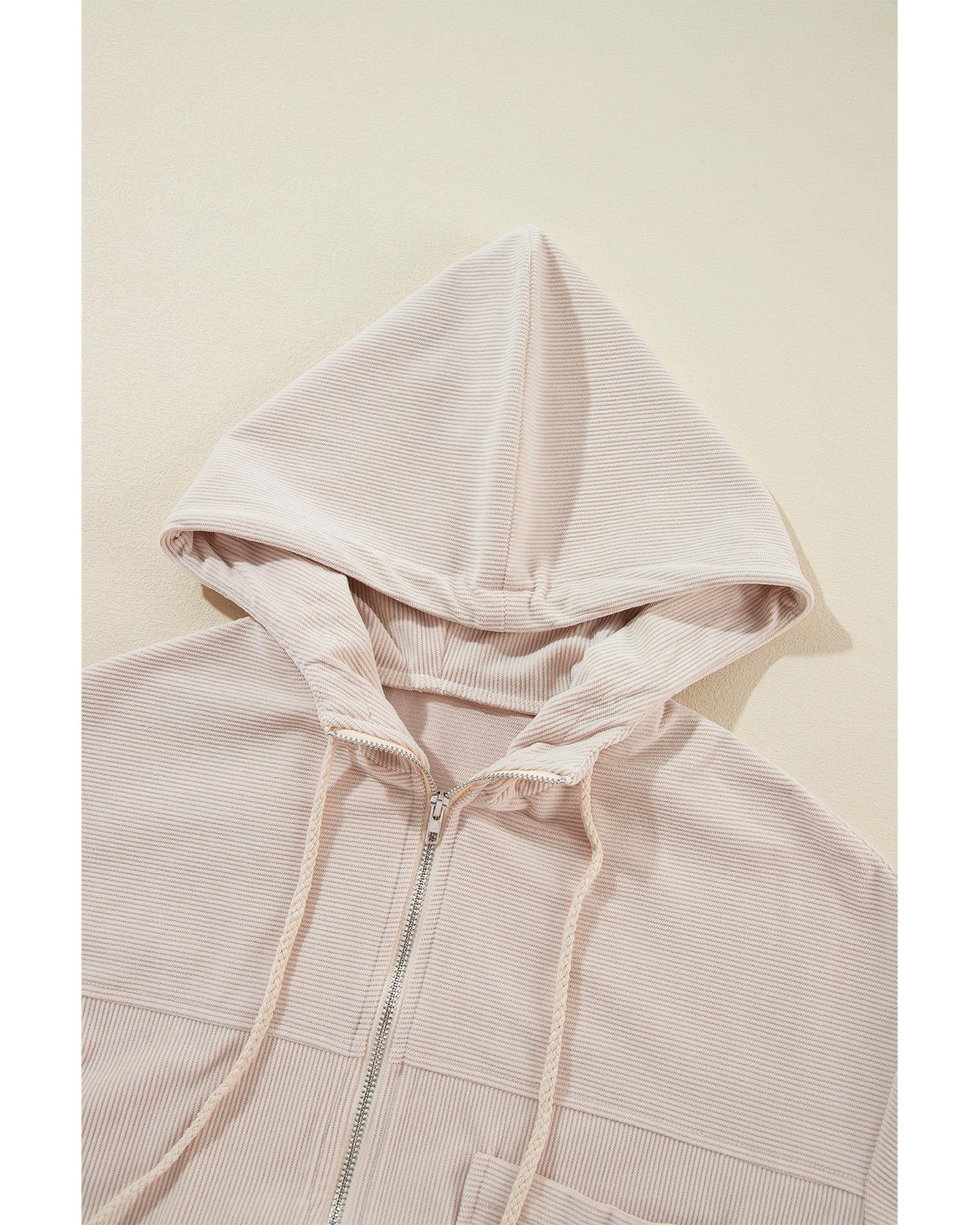 White Corduroy Drawstring Hooded Pocket Zip Up Jacket - S