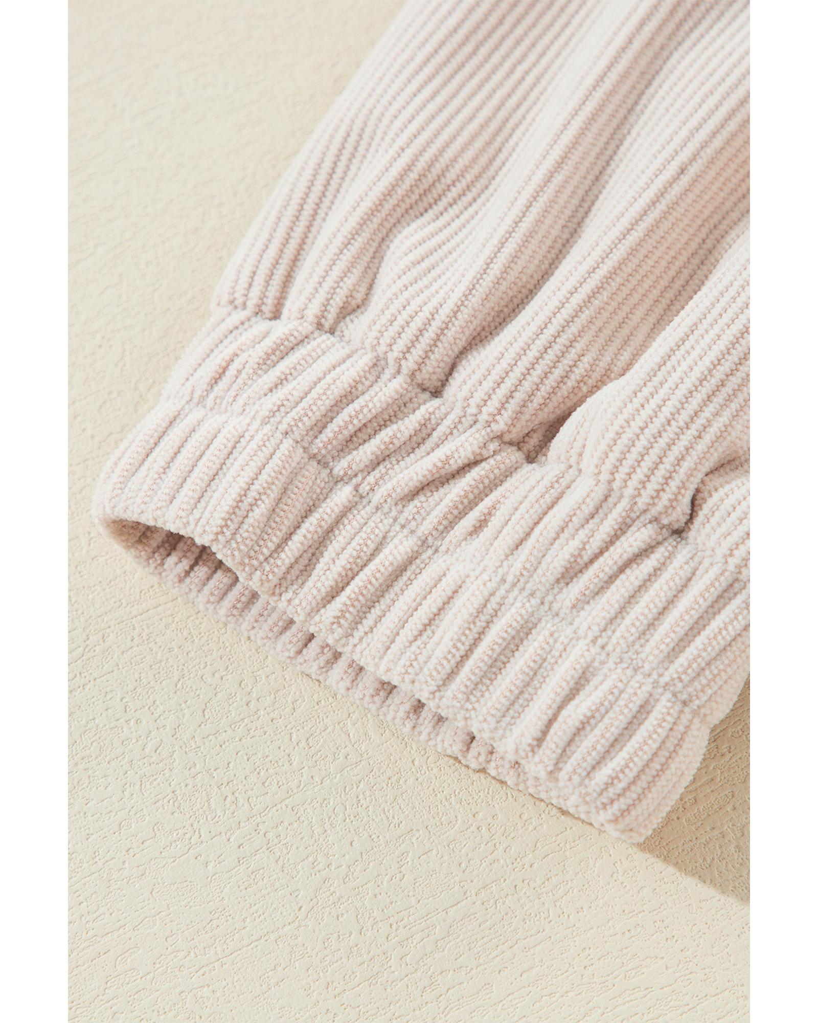 White Corduroy Drawstring Hooded Pocket Zip Up Jacket - S