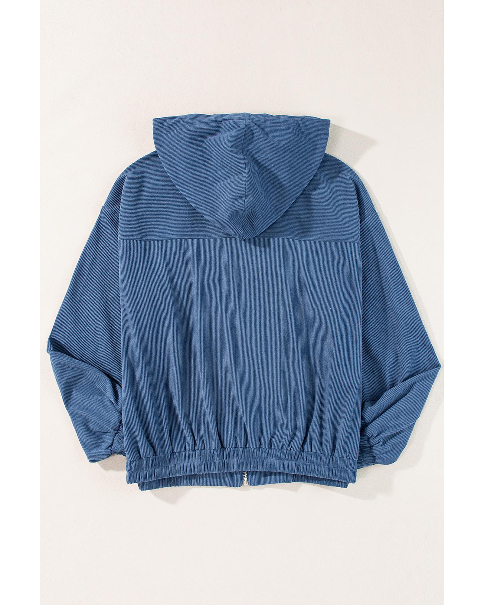 Real Teal Corduroy Drawstring Hooded Pocket Zip Up Jacket - L