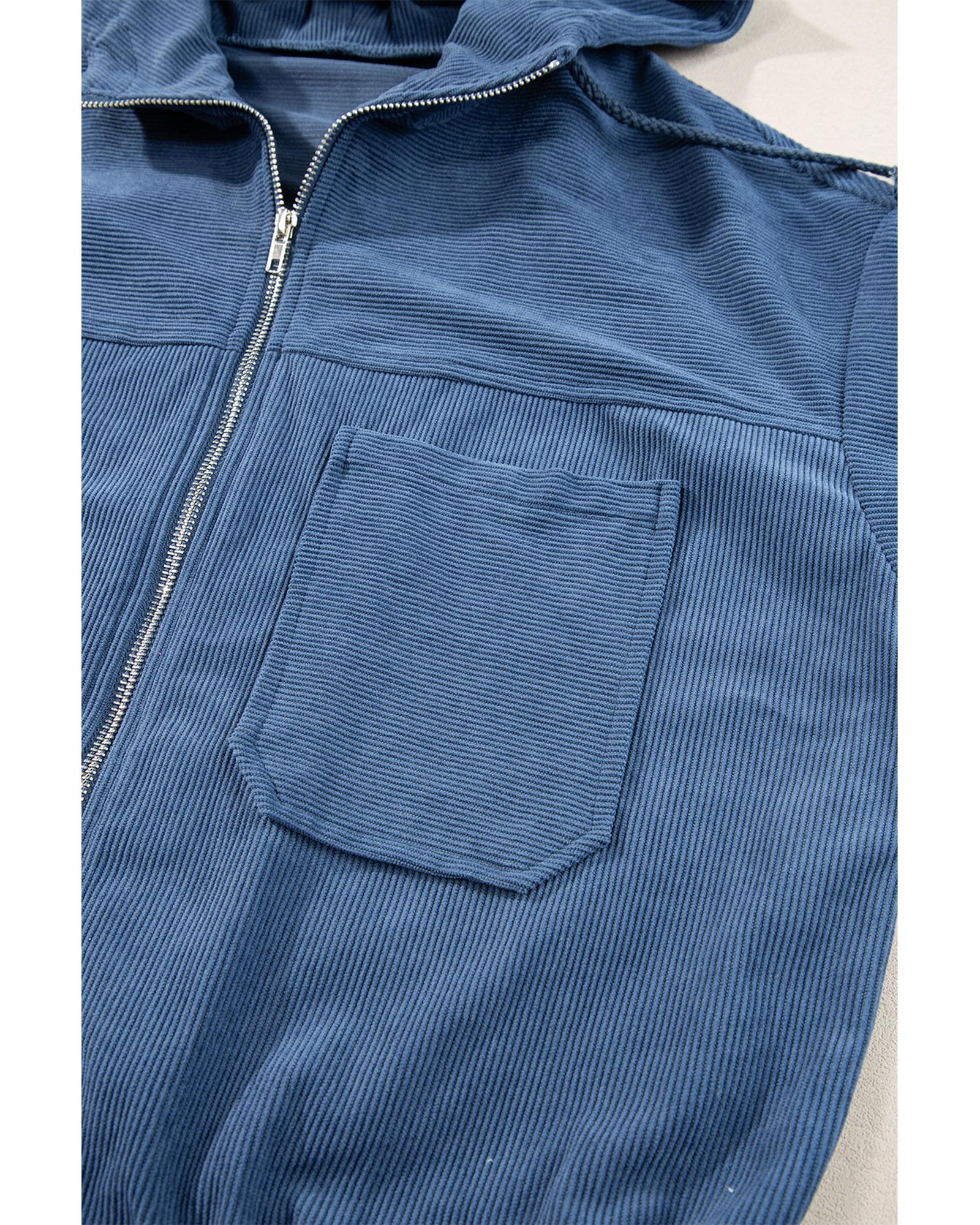 Real Teal Corduroy Drawstring Hooded Pocket Zip Up Jacket - M