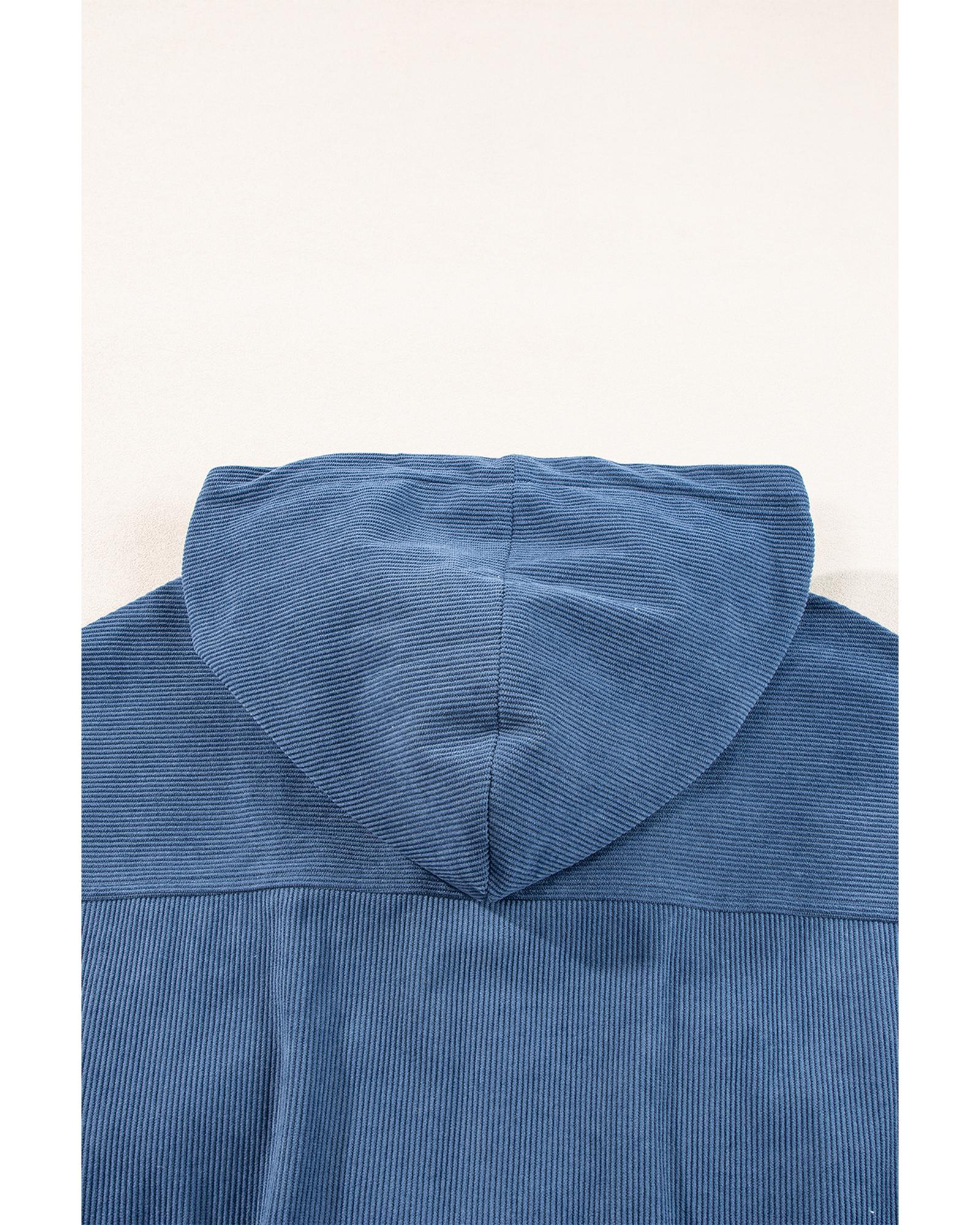 Real Teal Corduroy Drawstring Hooded Pocket Zip Up Jacket - M