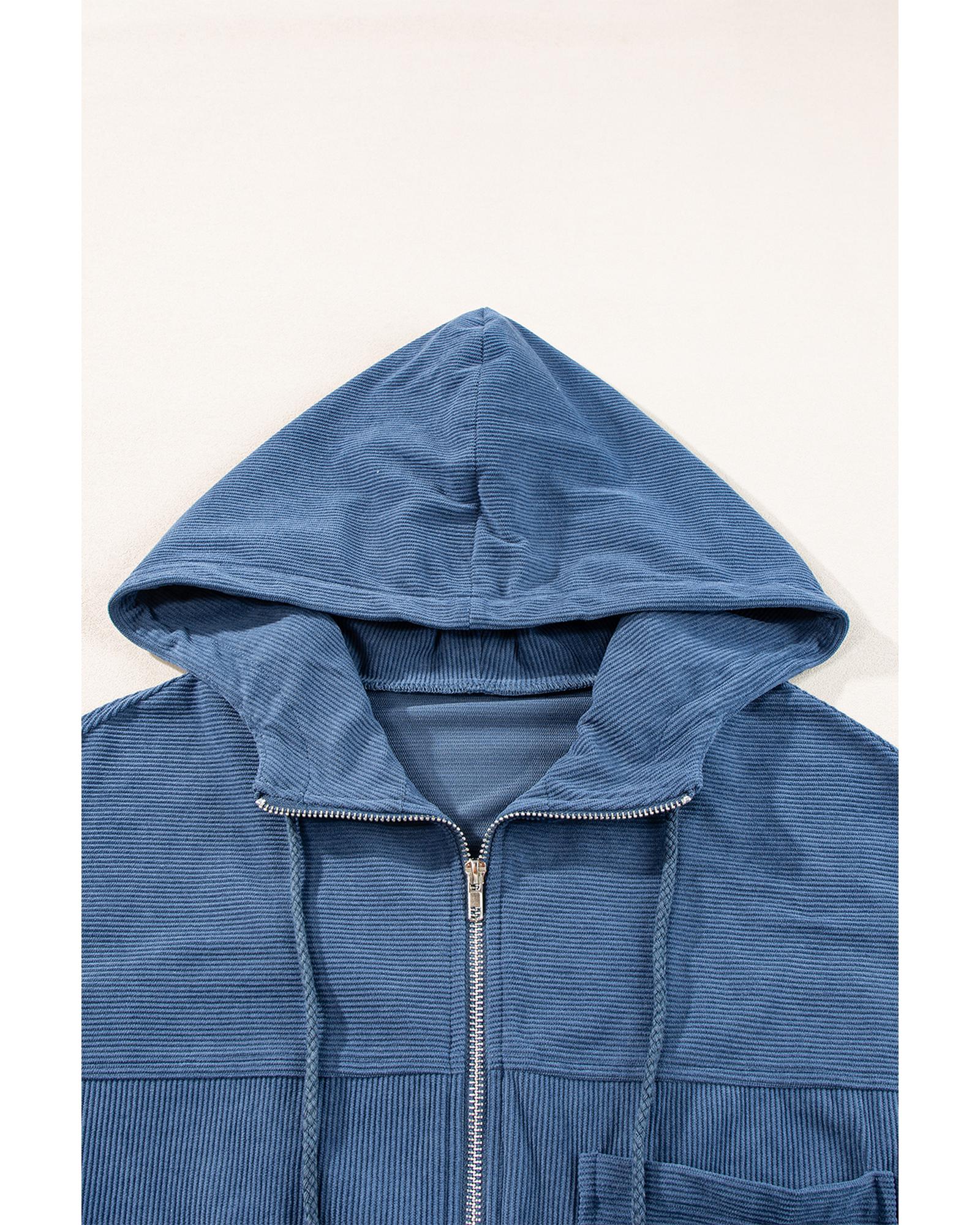 Real Teal Corduroy Drawstring Hooded Pocket Zip Up Jacket - S