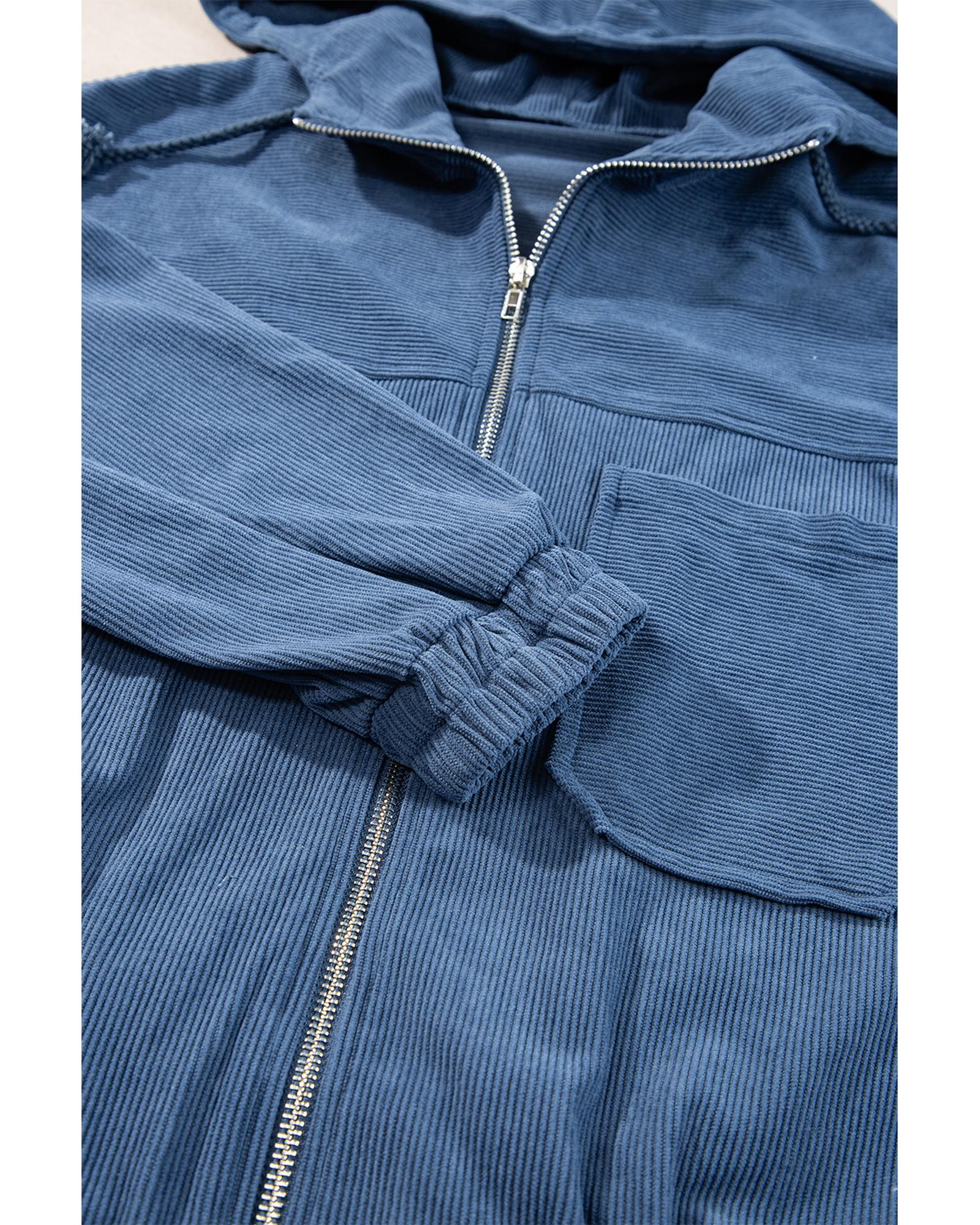 Real Teal Corduroy Drawstring Hooded Pocket Zip Up Jacket - XL