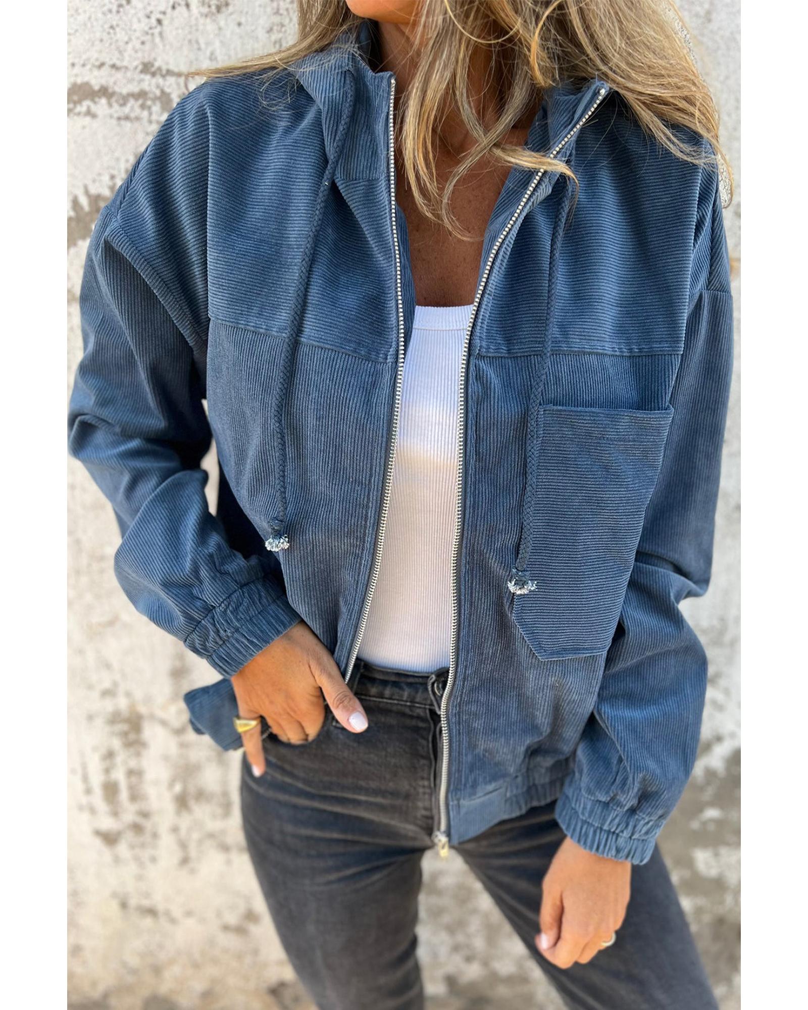 Real Teal Corduroy Drawstring Hooded Pocket Zip Up Jacket - XL