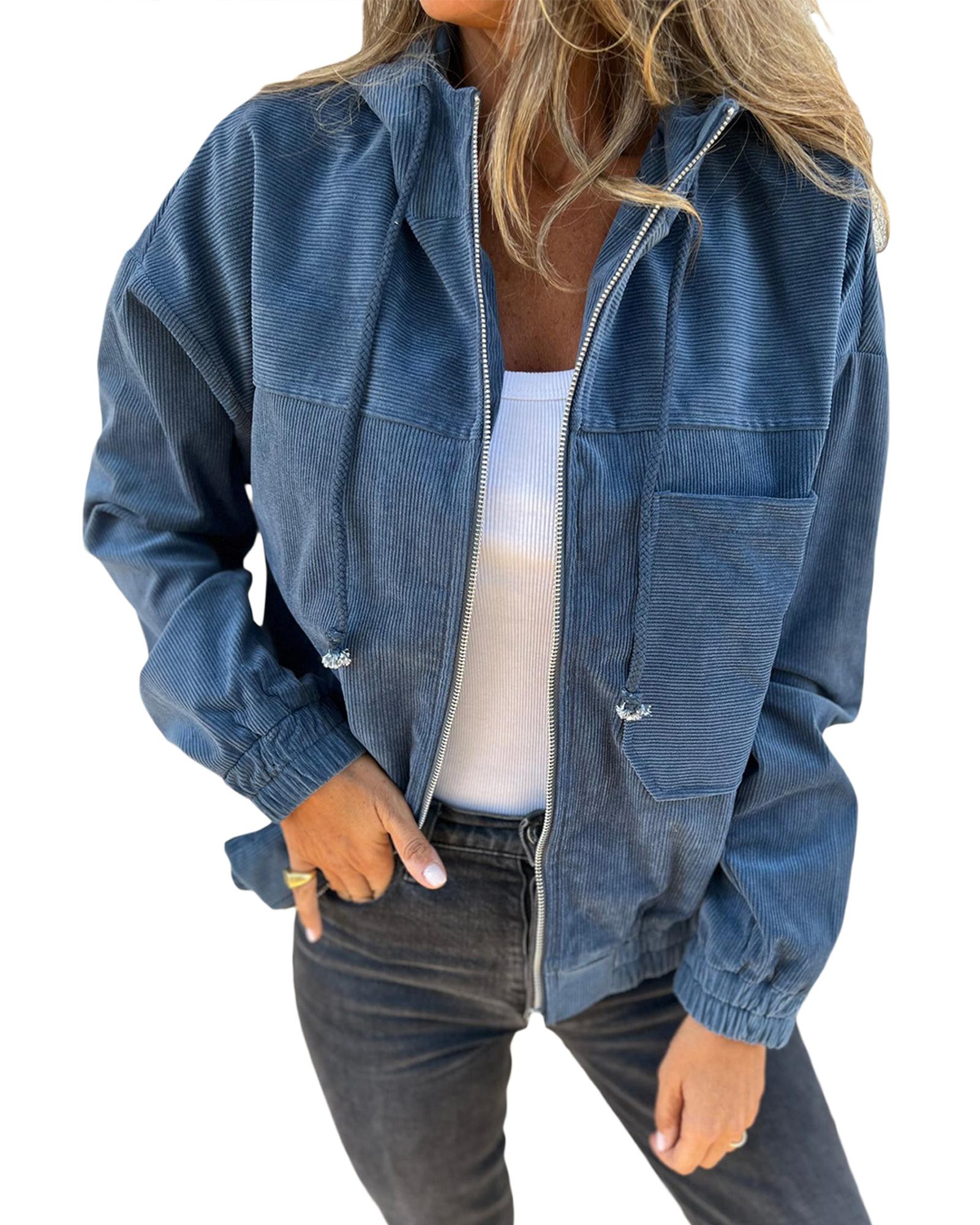 Real Teal Corduroy Drawstring Hooded Pocket Zip Up Jacket - XL