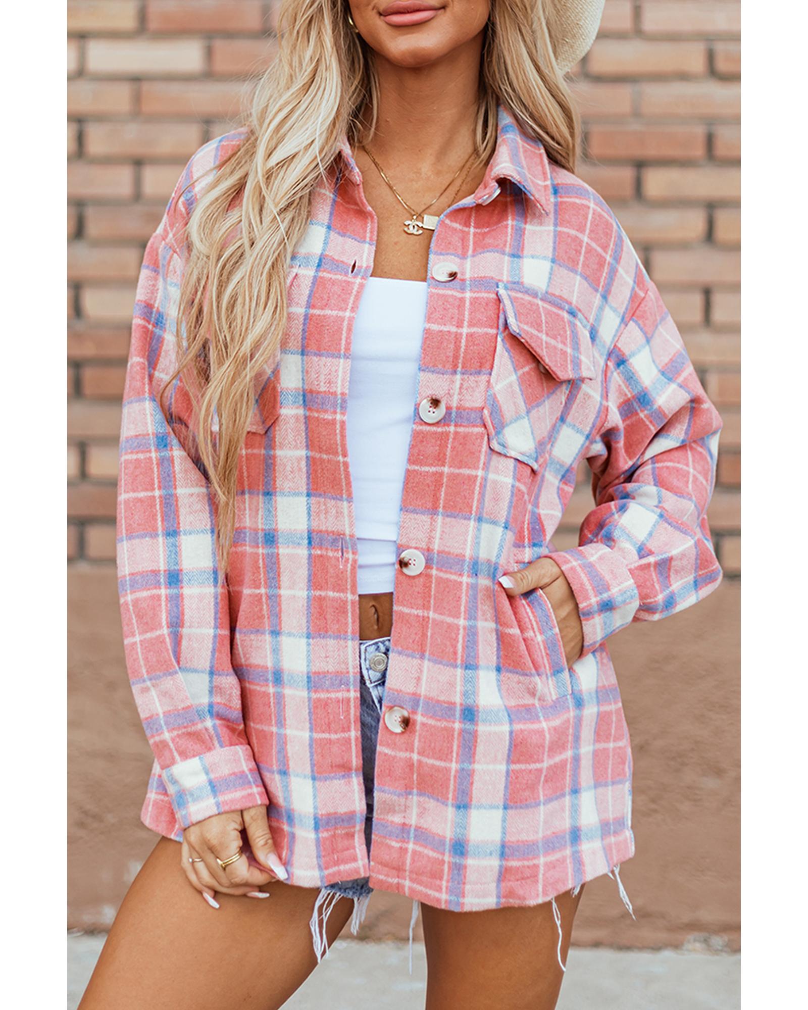 Pink Plaid Flap Pocket Button Up Shacket - L