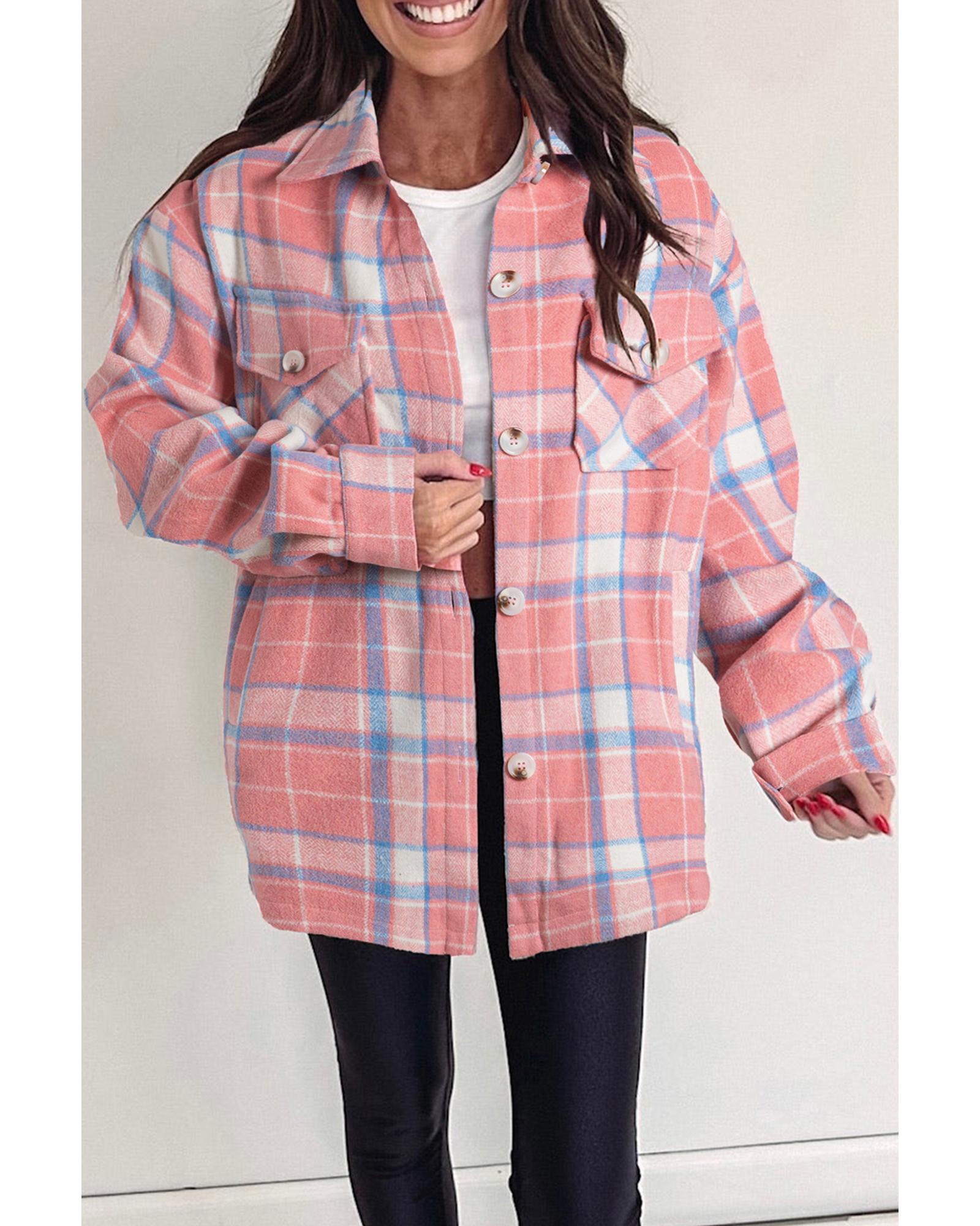 Pink Plaid Flap Pocket Button Up Shacket - M