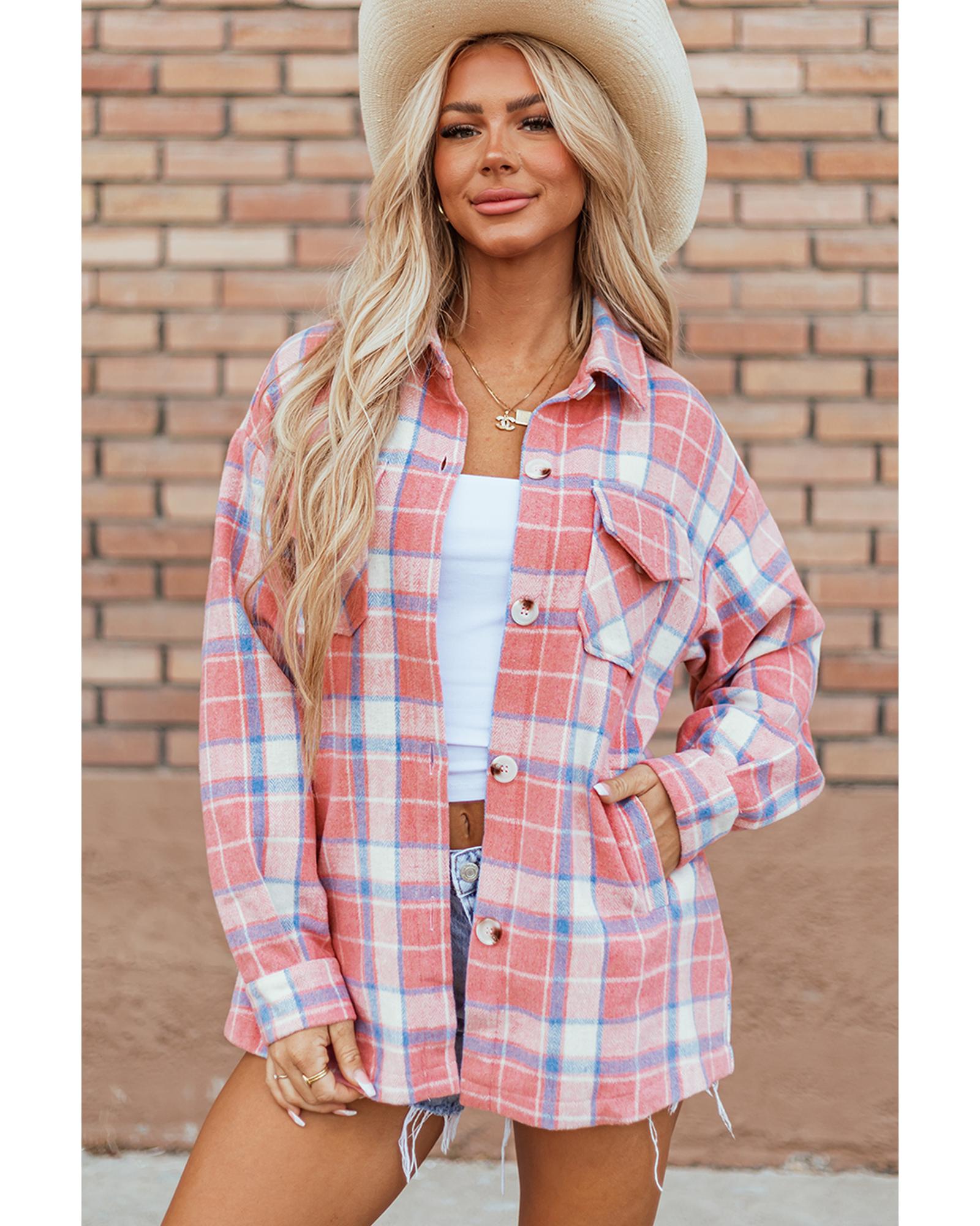 Pink Plaid Flap Pocket Button Up Shacket - XL