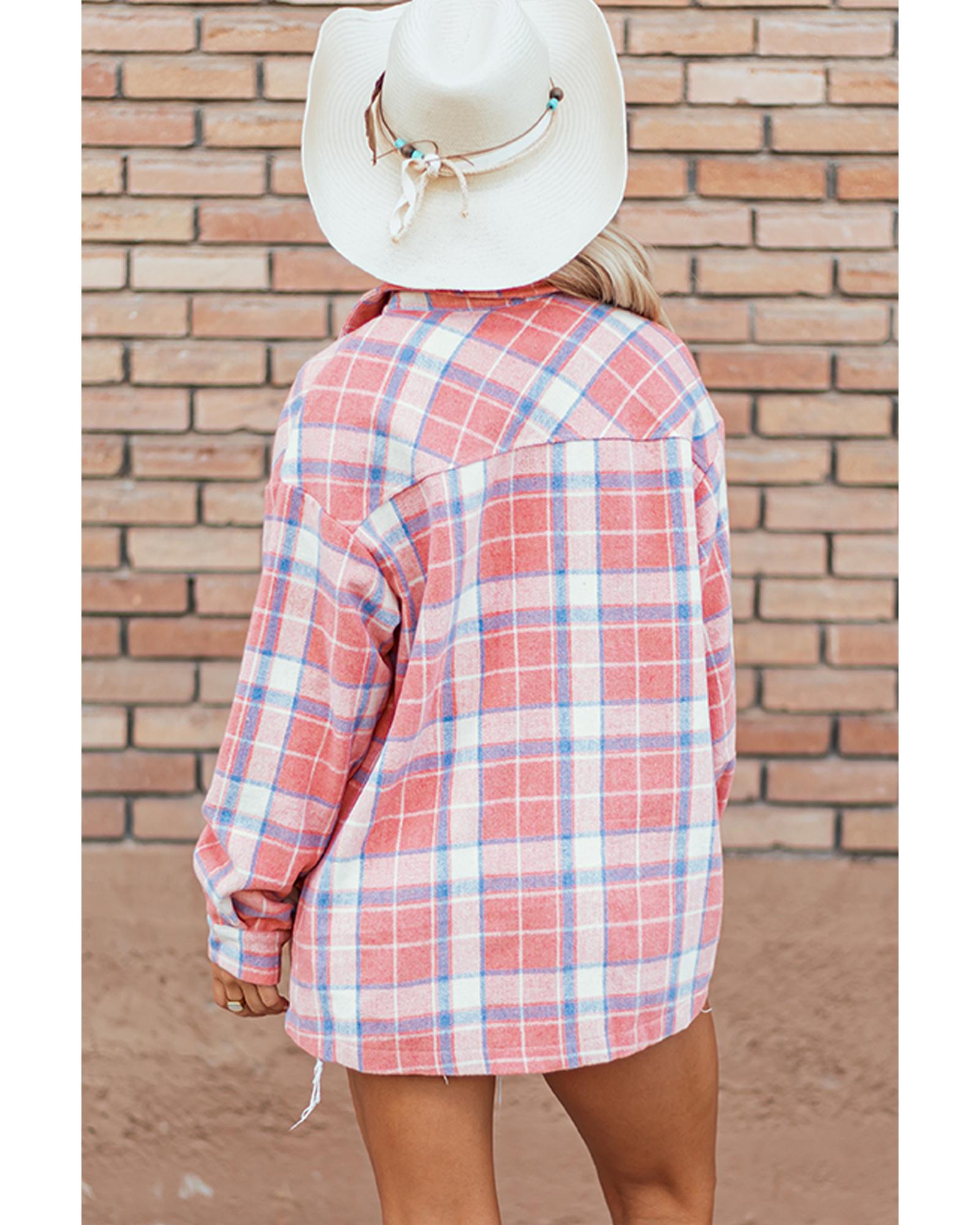 Pink Plaid Flap Pocket Button Up Shacket - XL