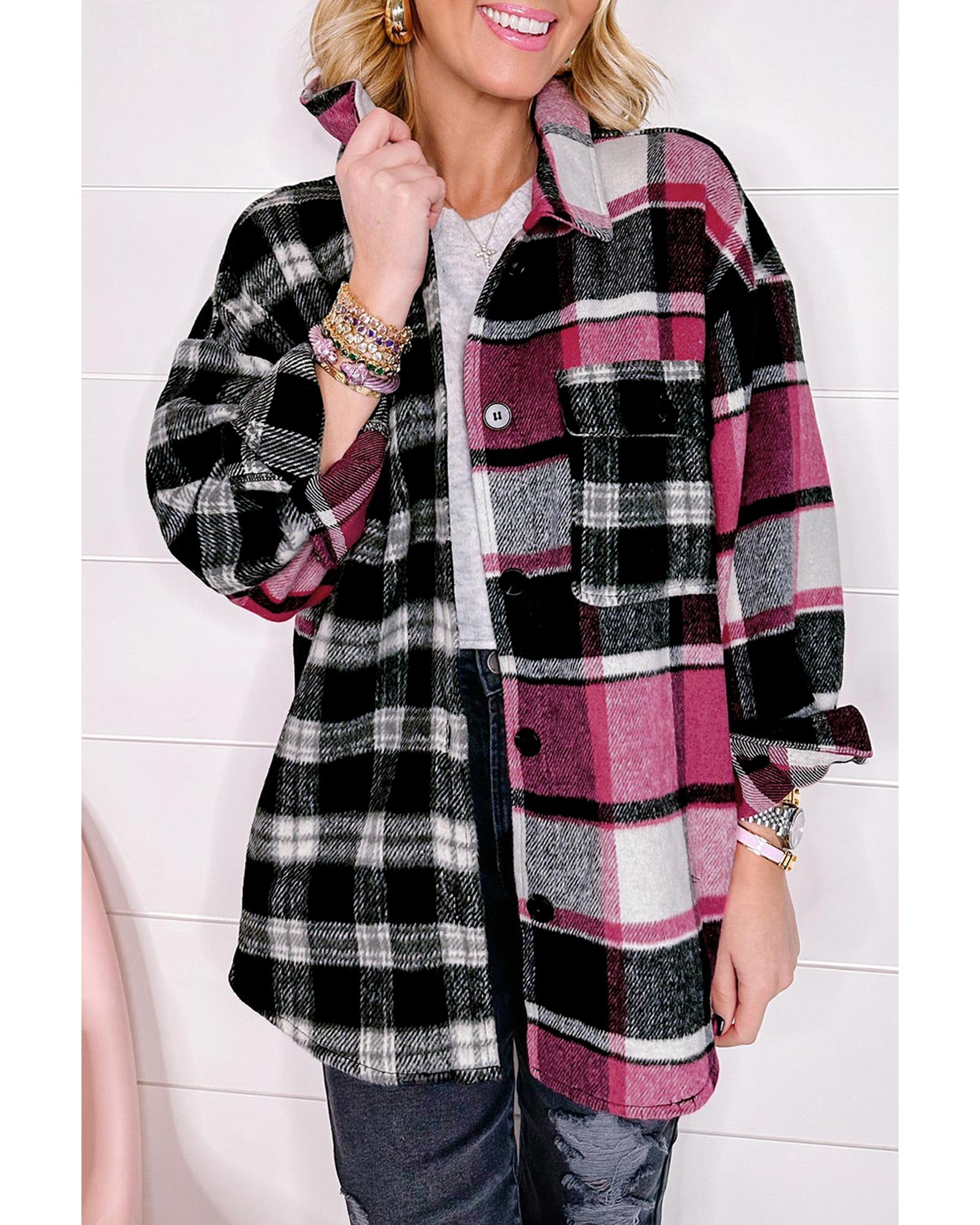 Black Plaid Colorblock Loose Shacket - M