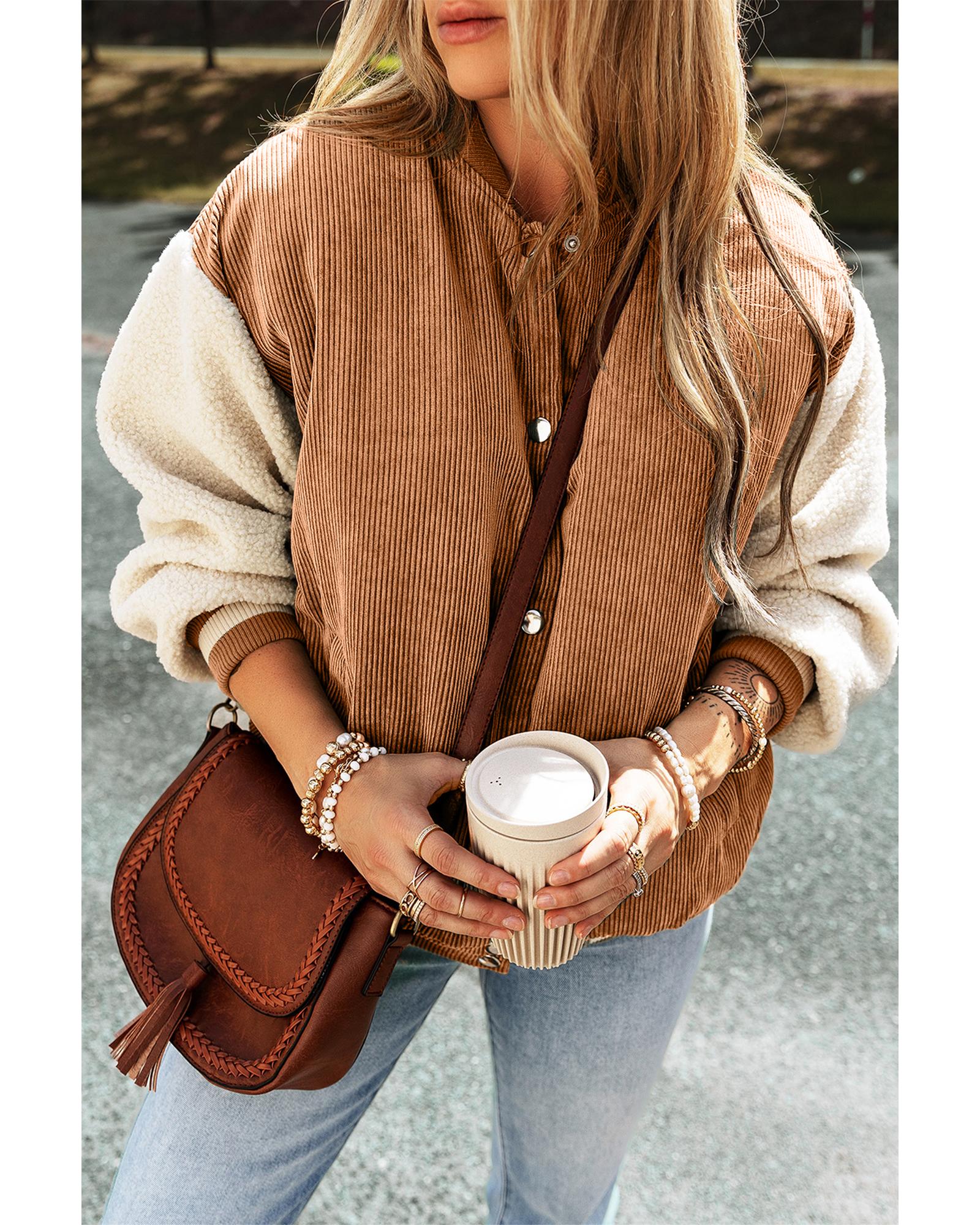 Buckskin Corduroy Fleece Patchwork Buttoned Bomber Jacket - L