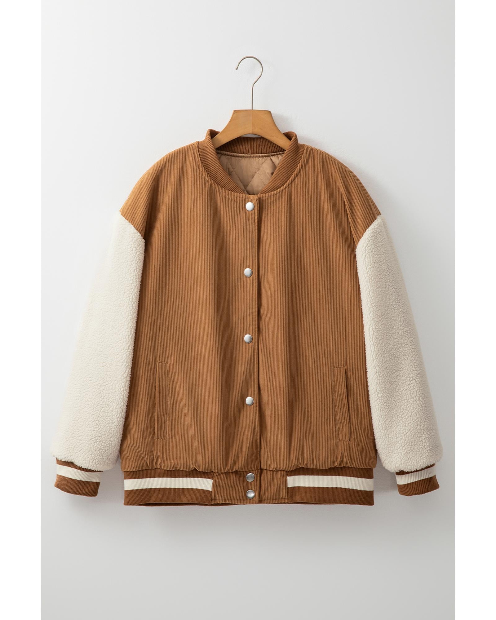 Buckskin Corduroy Fleece Patchwork Buttoned Bomber Jacket - S