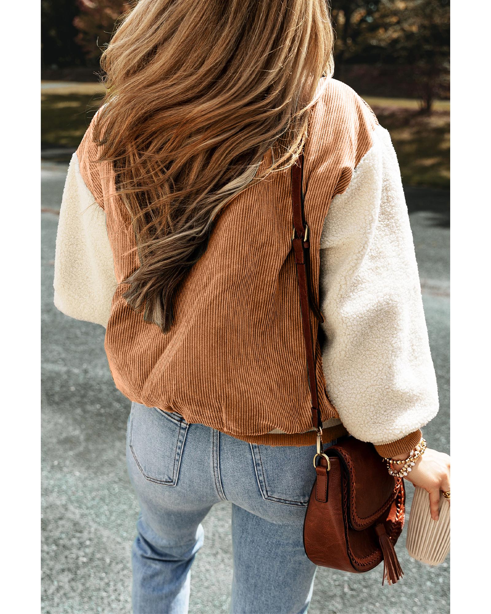 Buckskin Corduroy Fleece Patchwork Buttoned Bomber Jacket - XL