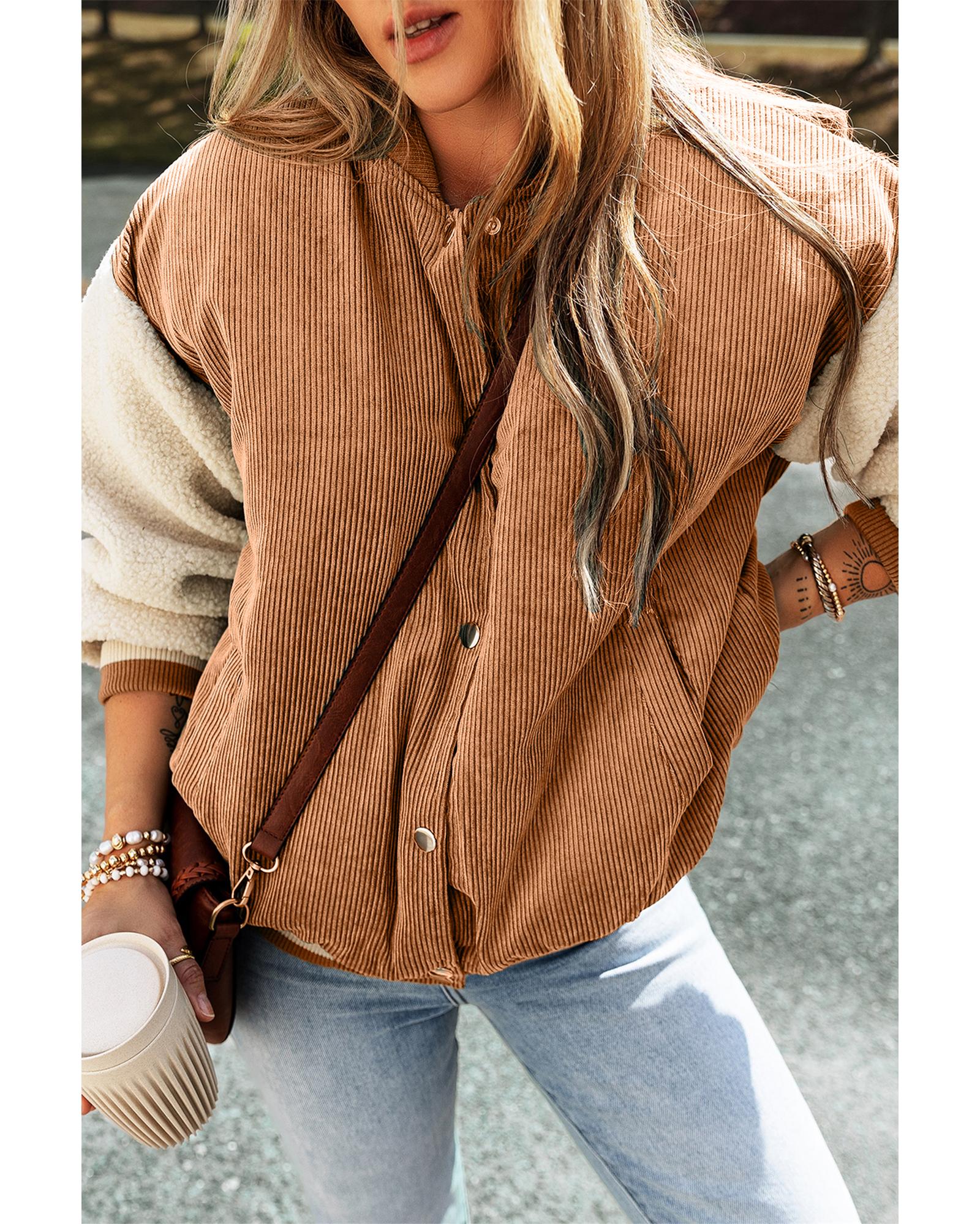 Buckskin Corduroy Fleece Patchwork Buttoned Bomber Jacket - XL