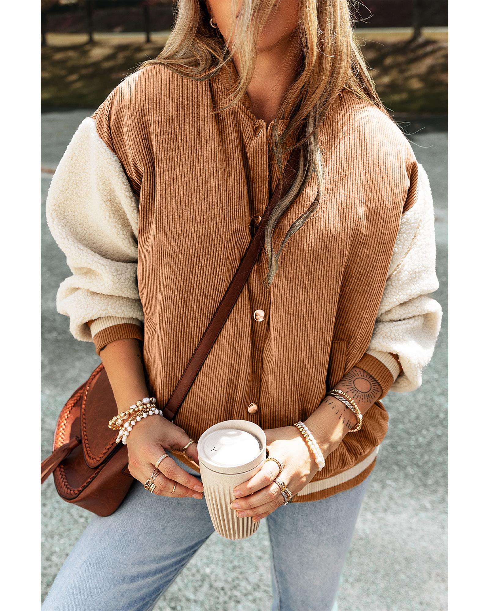 Buckskin Corduroy Fleece Patchwork Buttoned Bomber Jacket - XL