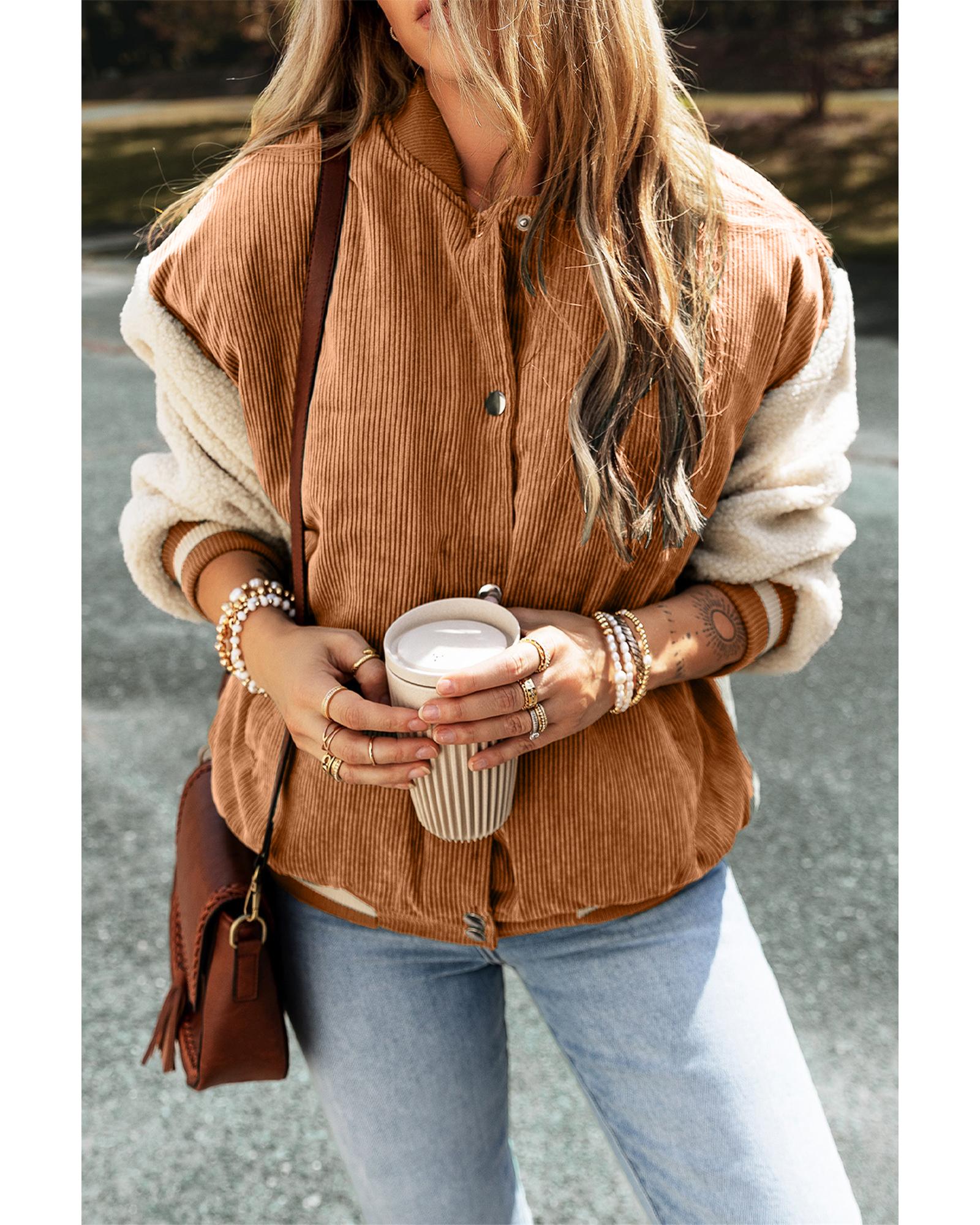 Buckskin Corduroy Fleece Patchwork Buttoned Bomber Jacket - XL