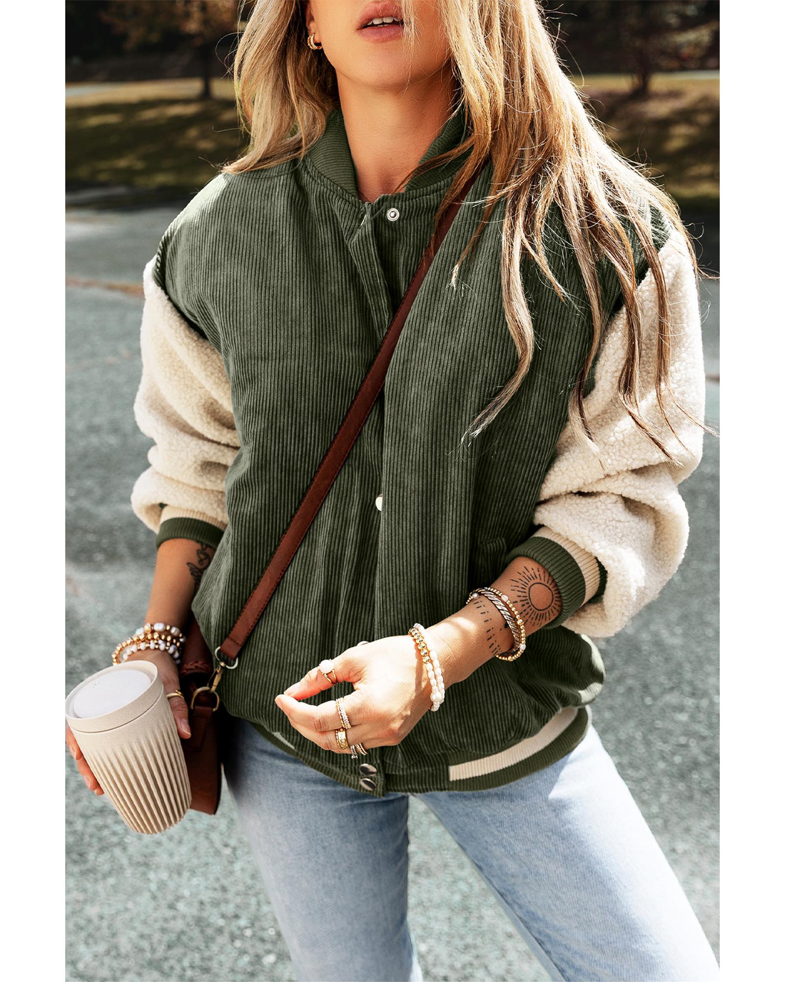 Mist Green Corduroy Fleece Patchwork Buttoned Bomber Jacket - L