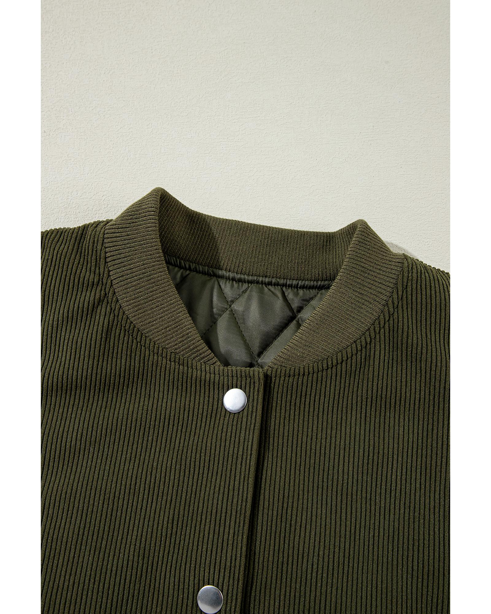 Mist Green Corduroy Fleece Patchwork Buttoned Bomber Jacket - S