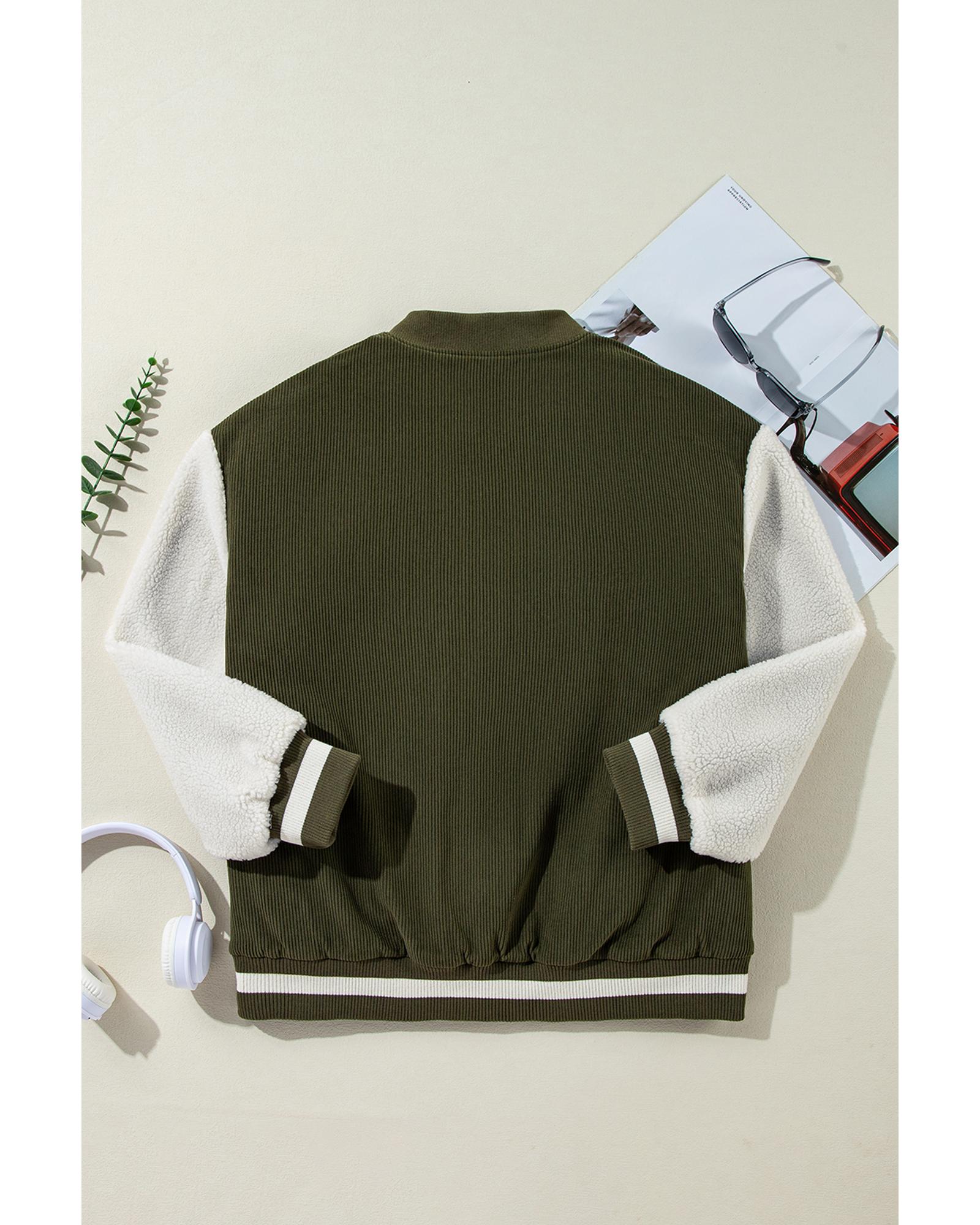 Mist Green Corduroy Fleece Patchwork Buttoned Bomber Jacket - XL