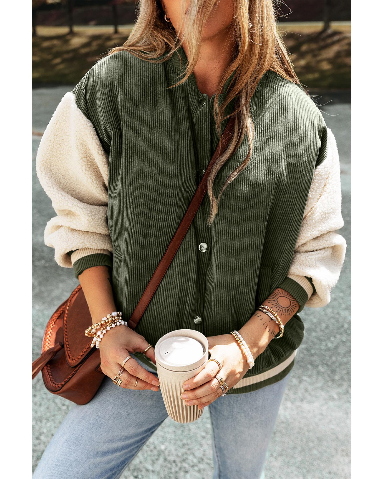 Mist Green Corduroy Fleece Patchwork Buttoned Bomber Jacket - XL