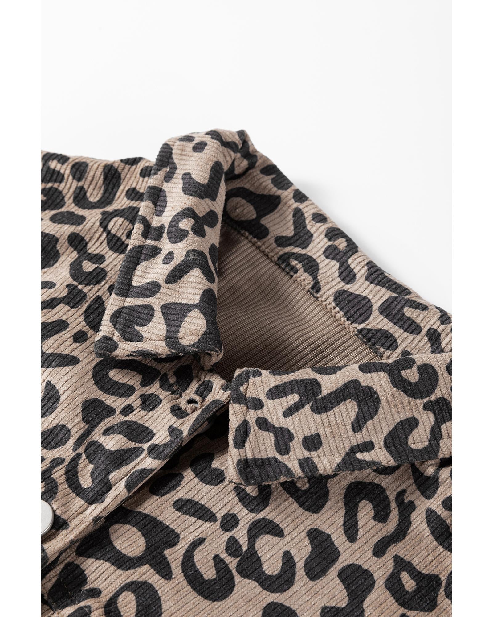 Dark Khaki Leopard Print Corduroy Irregular Hem Buttoned Jacket - L