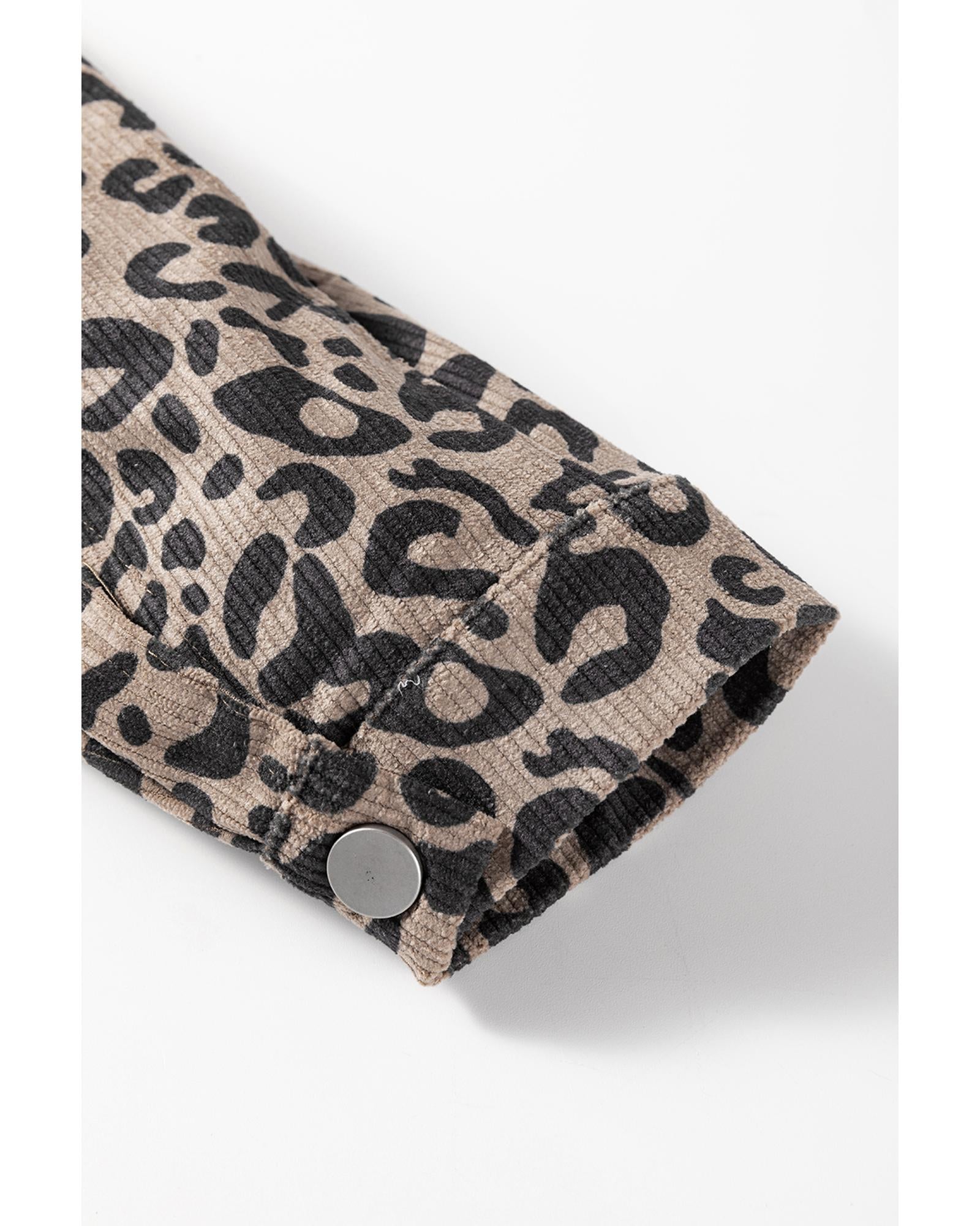 Dark Khaki Leopard Print Corduroy Irregular Hem Buttoned Jacket - L
