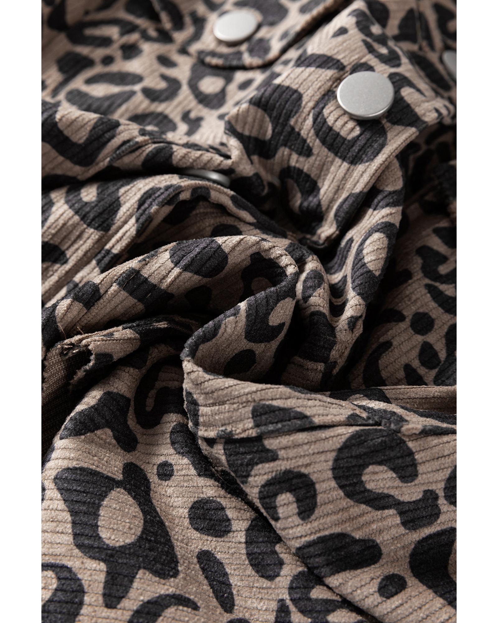 Dark Khaki Leopard Print Corduroy Irregular Hem Buttoned Jacket - L