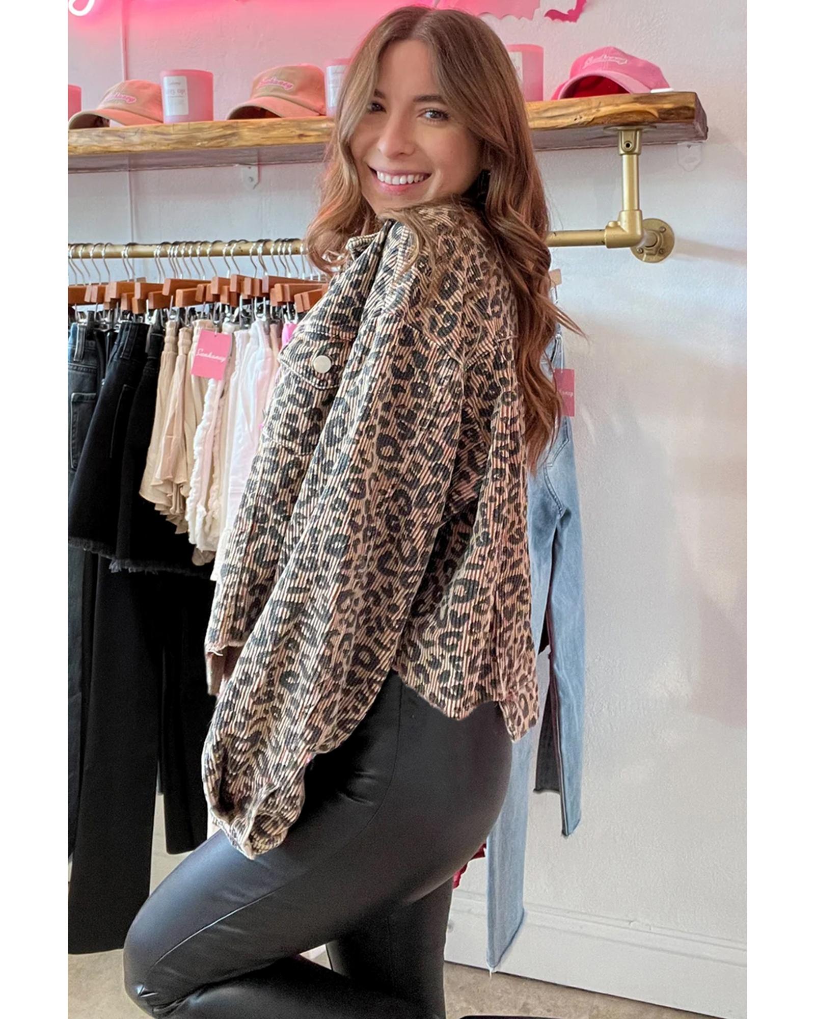 Dark Khaki Leopard Print Corduroy Irregular Hem Buttoned Jacket - L