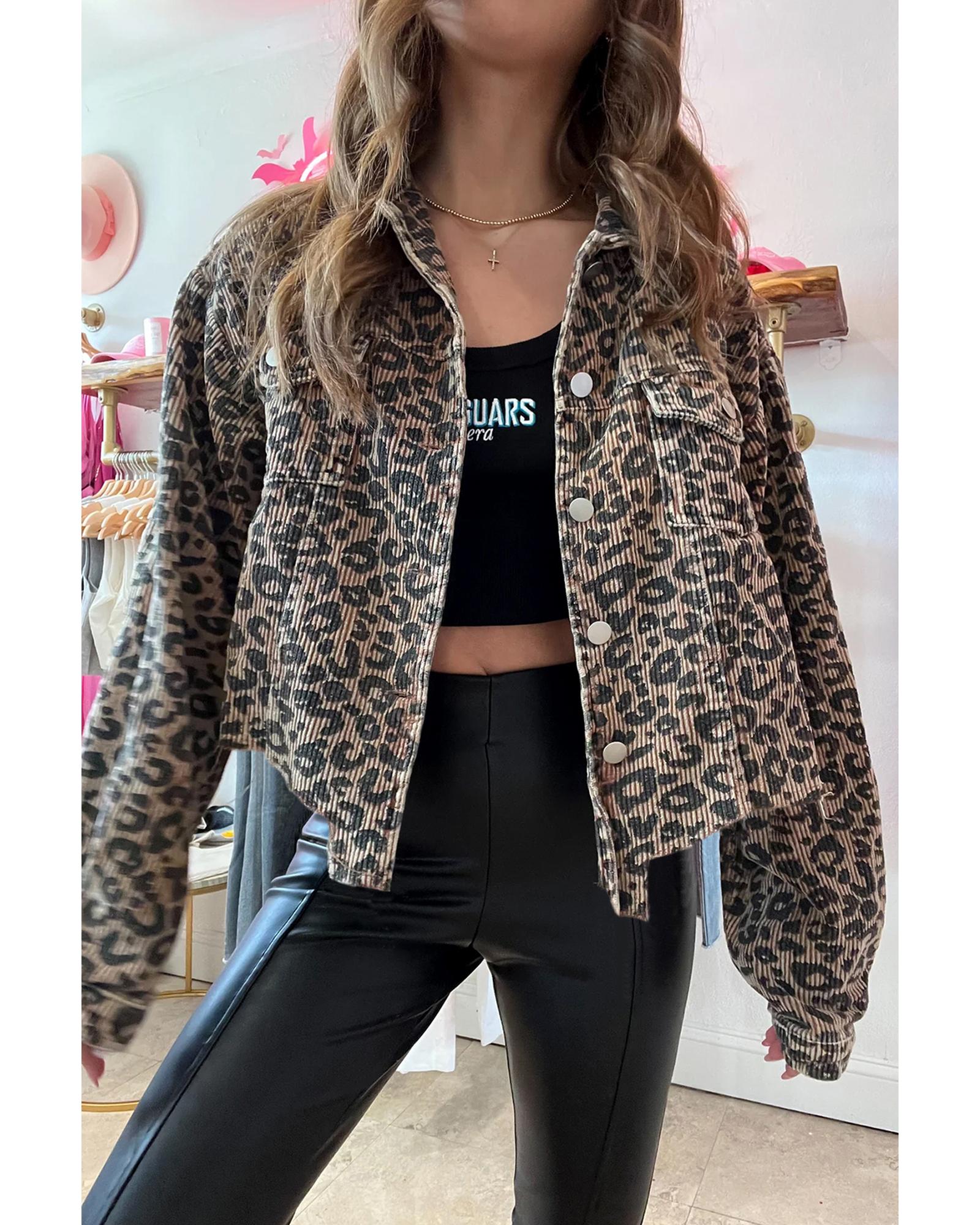 Dark Khaki Leopard Print Corduroy Irregular Hem Buttoned Jacket - S