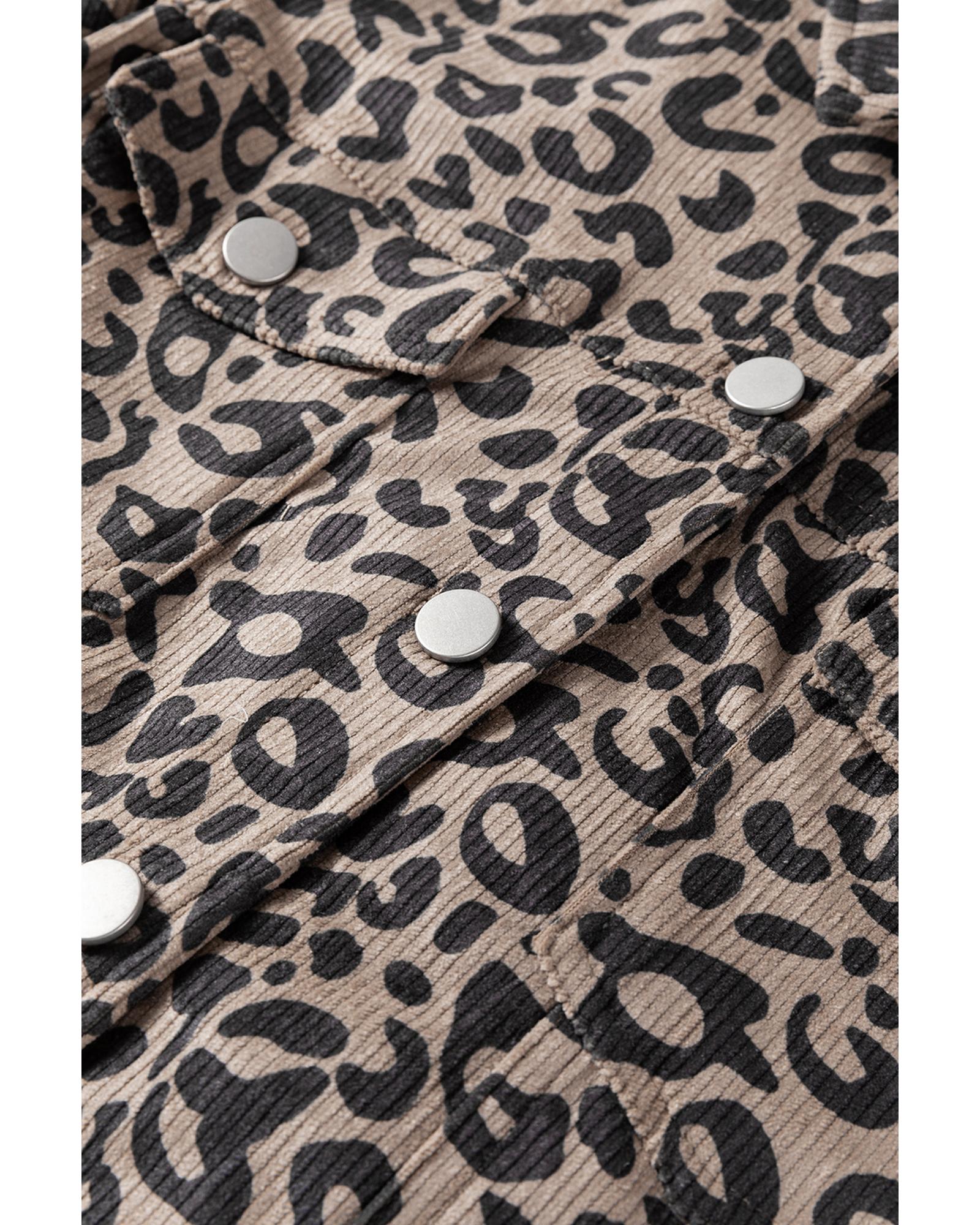 Dark Khaki Leopard Print Corduroy Irregular Hem Buttoned Jacket - S