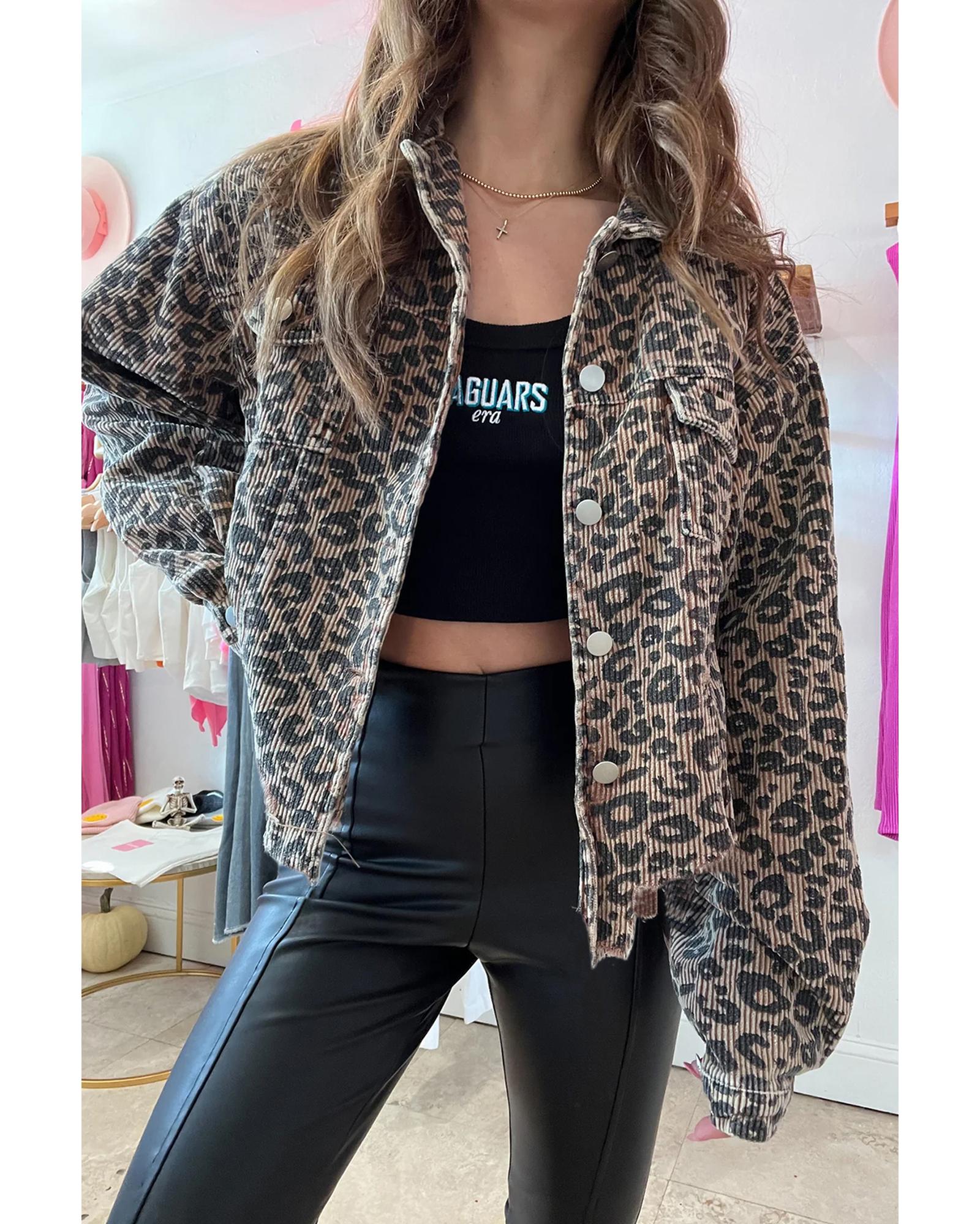 Dark Khaki Leopard Print Corduroy Irregular Hem Buttoned Jacket - XL