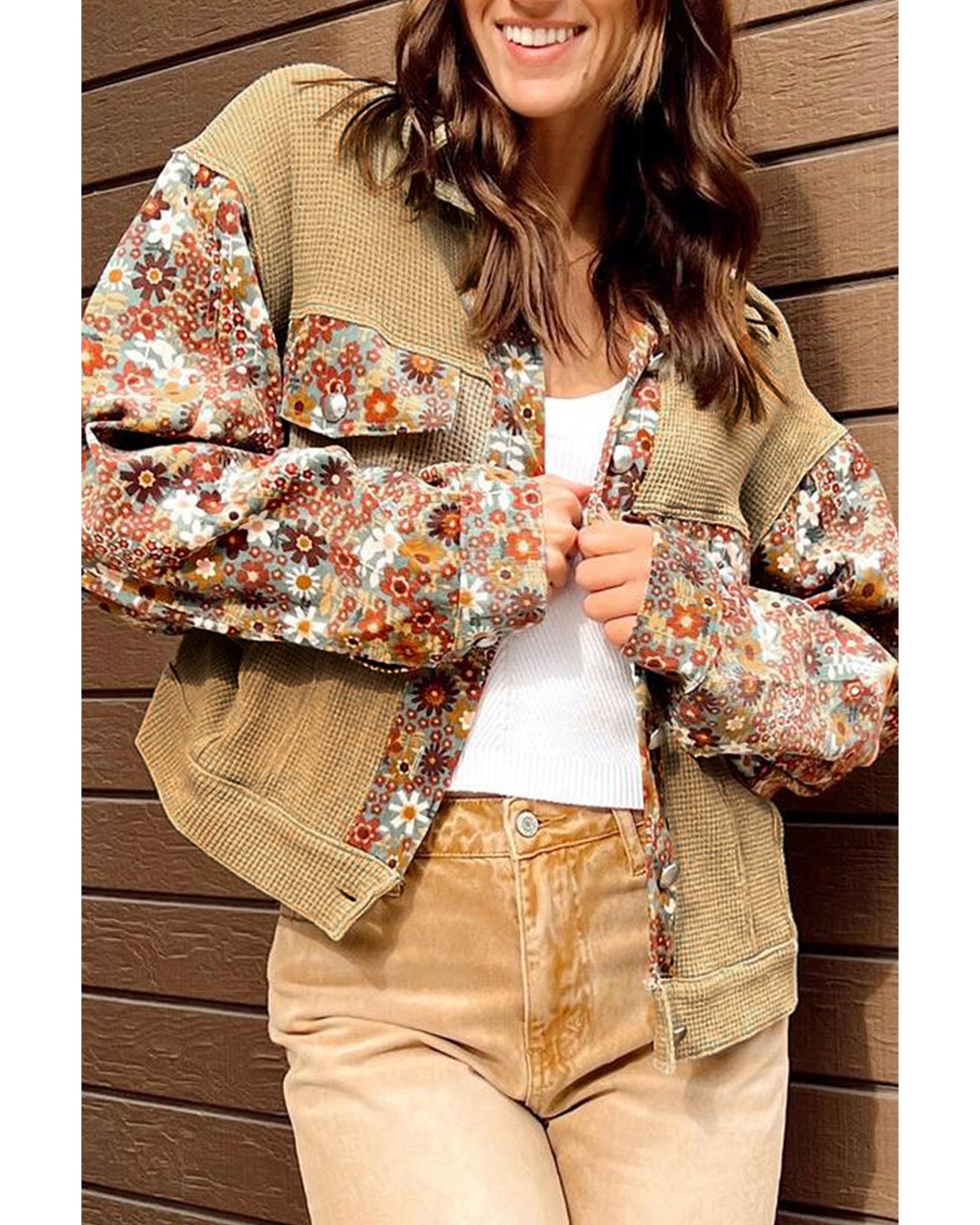 Khaki Waffle Knit Floral Print Patchwork Button up Jacket - L