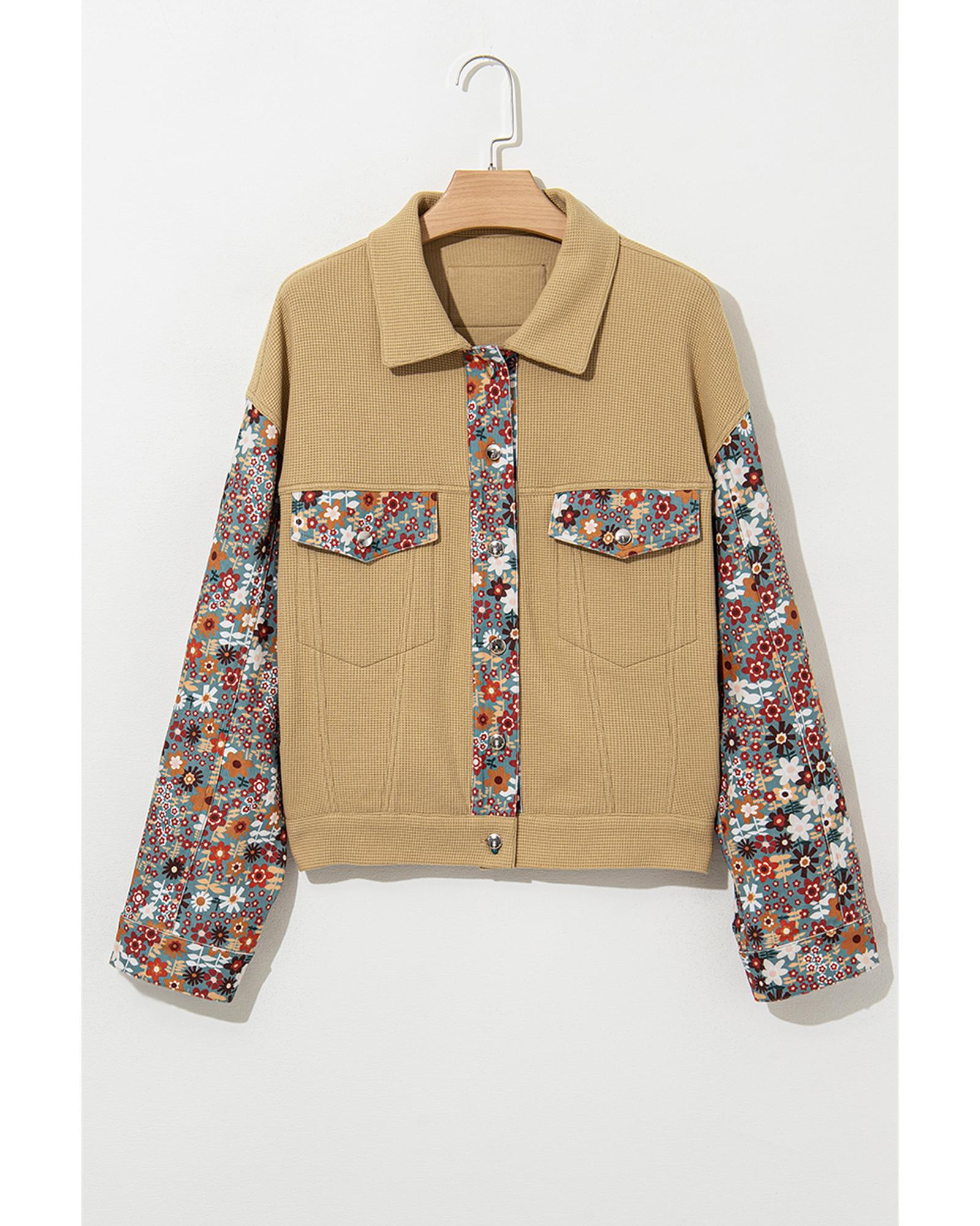 Khaki Waffle Knit Floral Print Patchwork Button up Jacket - L