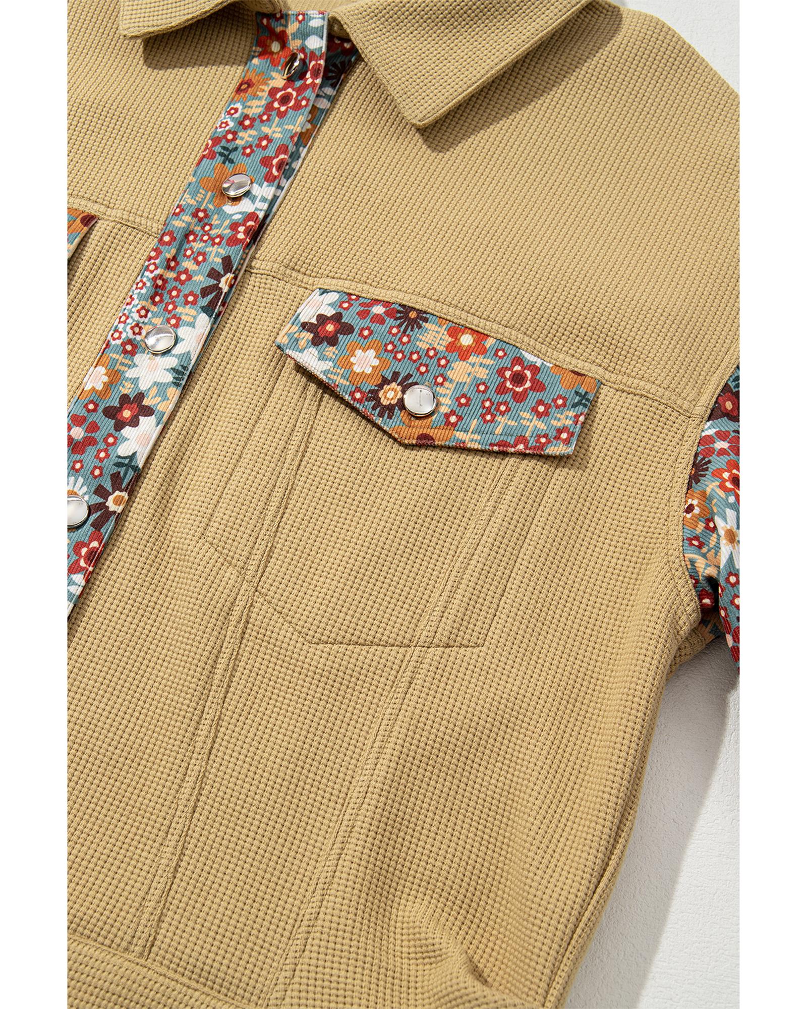 Khaki Waffle Knit Floral Print Patchwork Button up Jacket - M