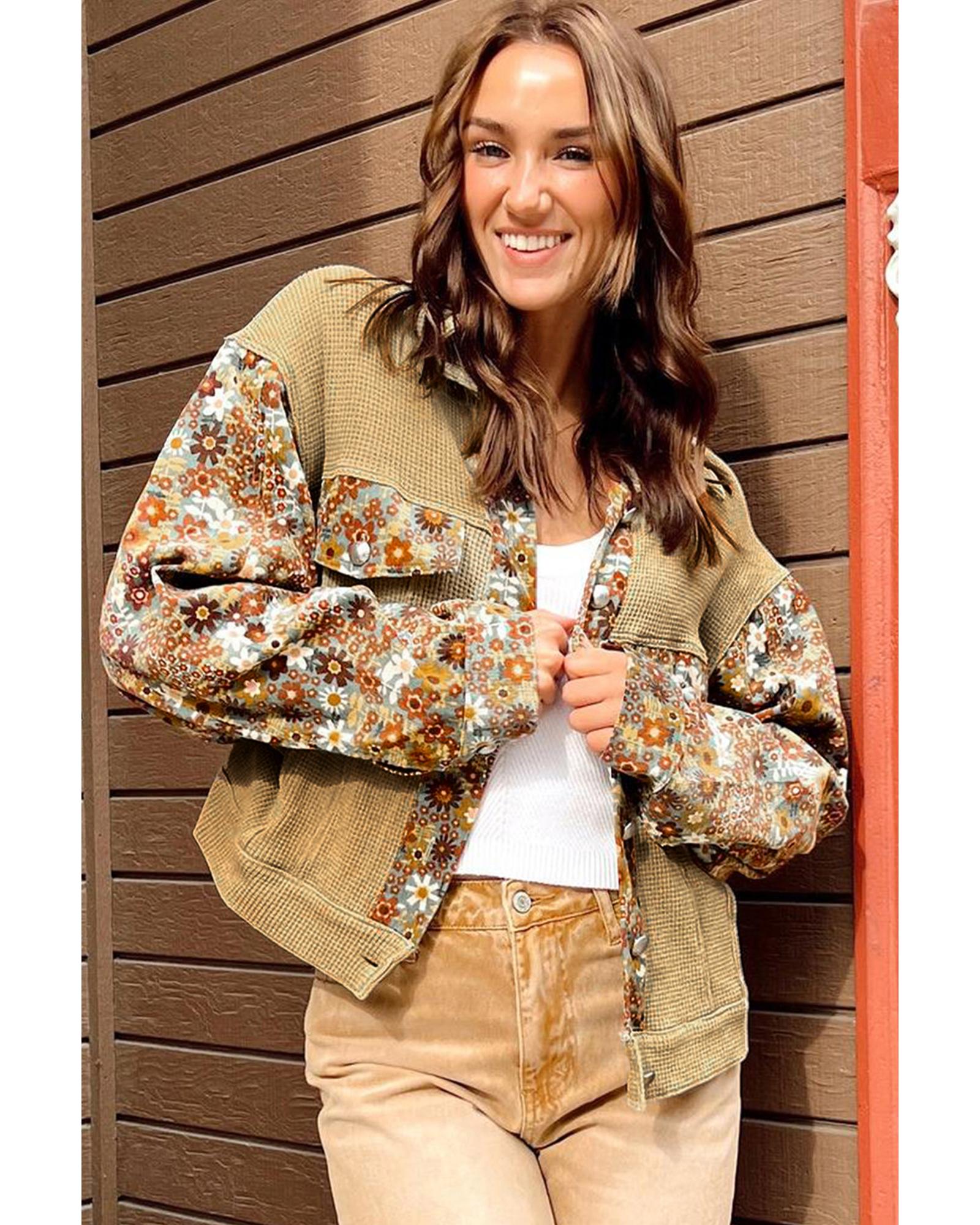 Khaki Waffle Knit Floral Print Patchwork Button up Jacket - M