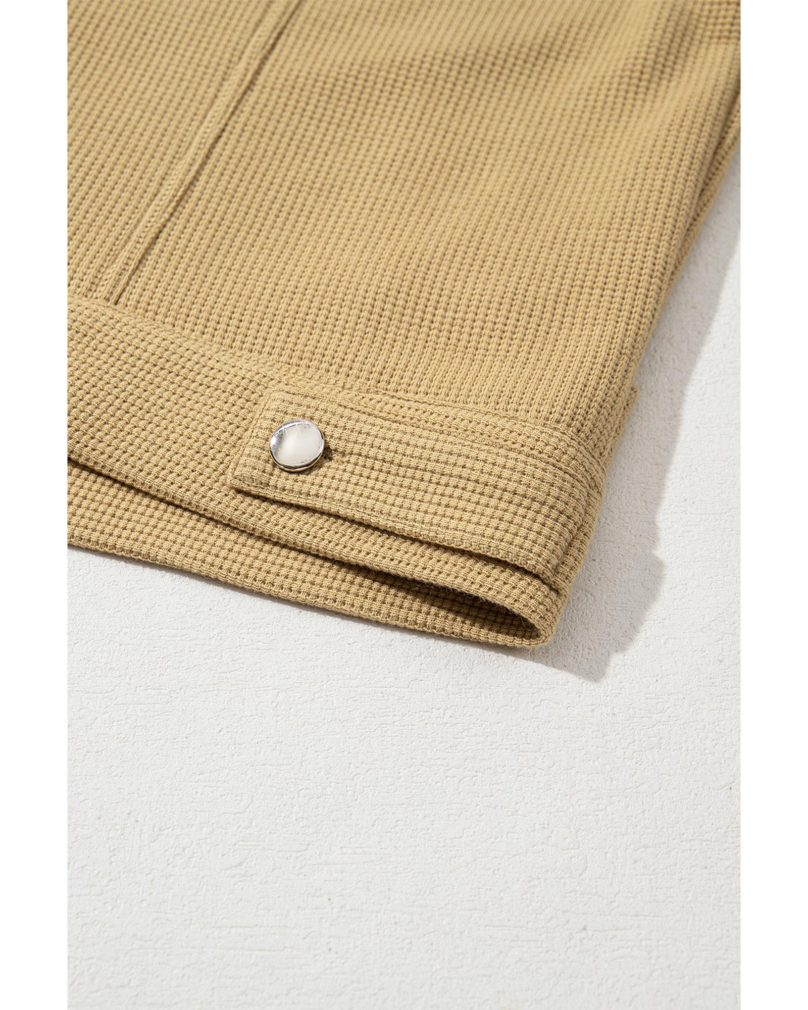 Khaki Waffle Knit Floral Print Patchwork Button up Jacket - M