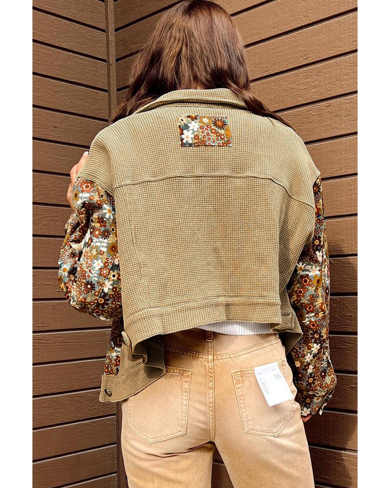 Khaki Waffle Knit Floral Print Patchwork Button up Jacket - M