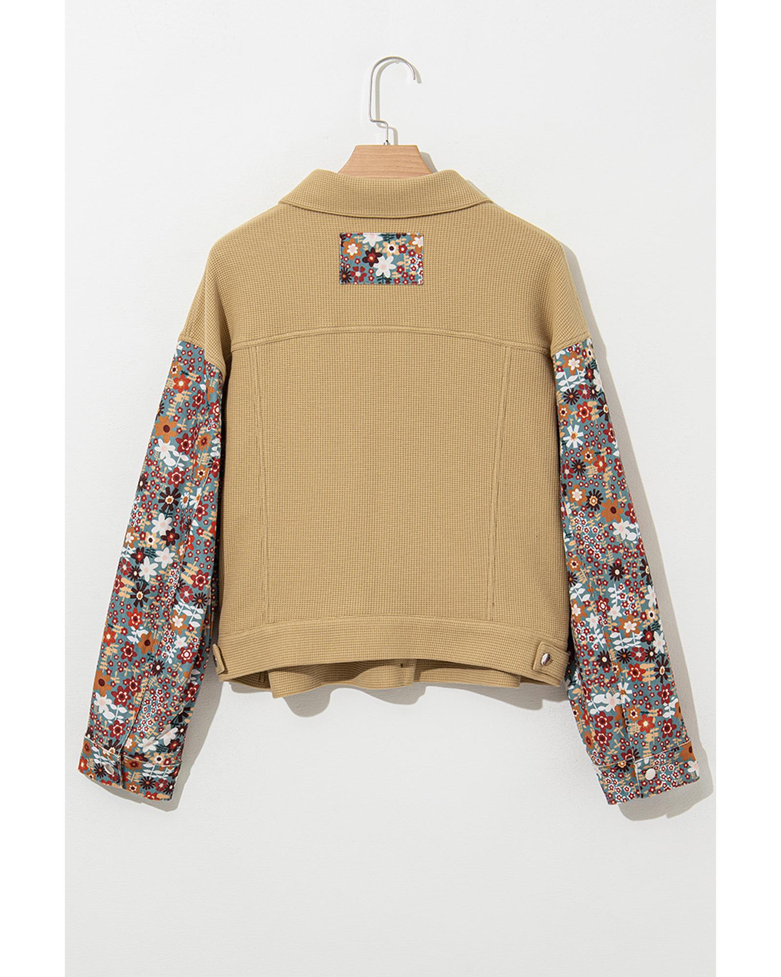 Khaki Waffle Knit Floral Print Patchwork Button up Jacket - XL