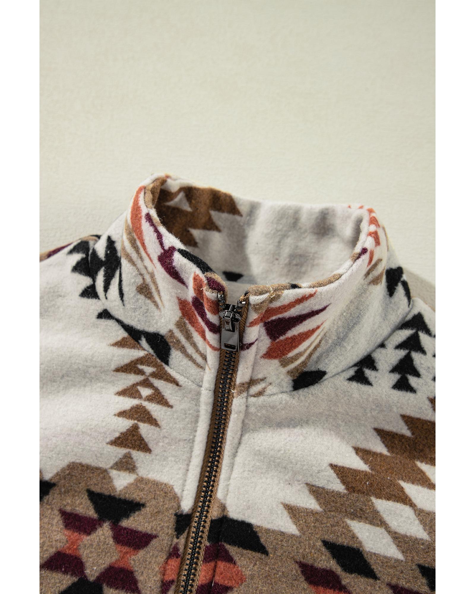 Beige Aztec Printed Stand Neck Zip Up Jacket - M