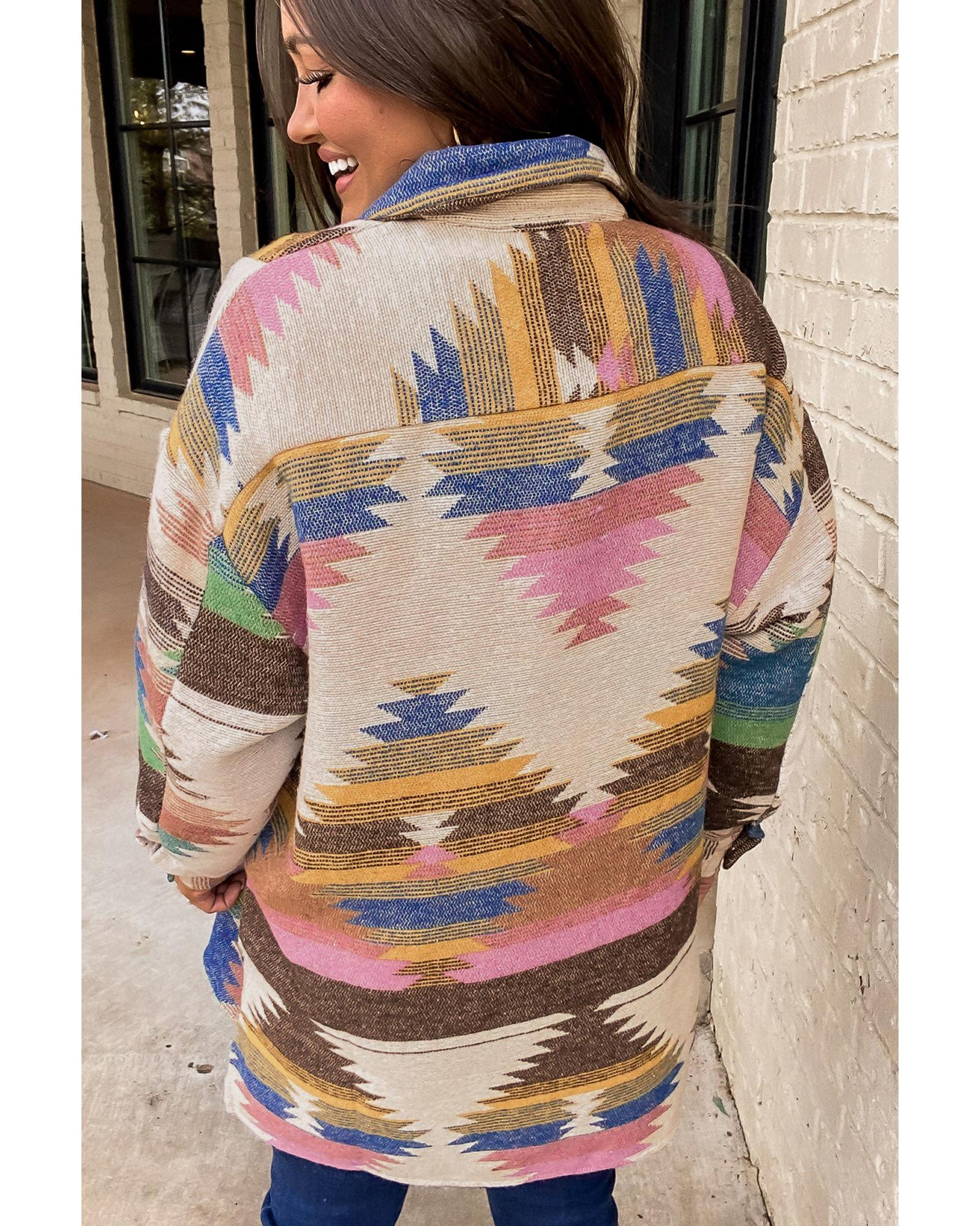 White Aztec Print Button Up Shacket - L