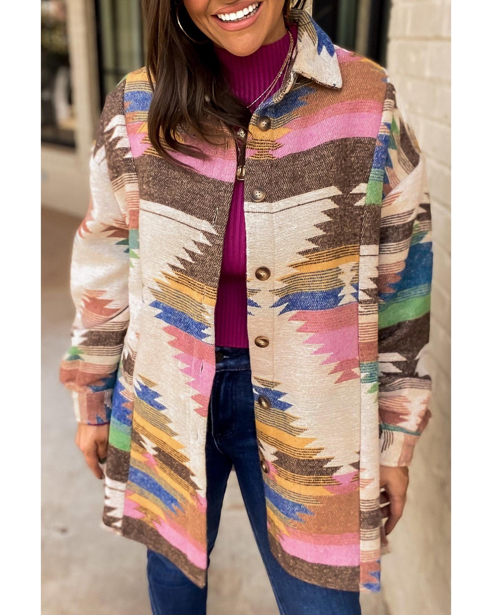 White Aztec Print Button Up Shacket - L