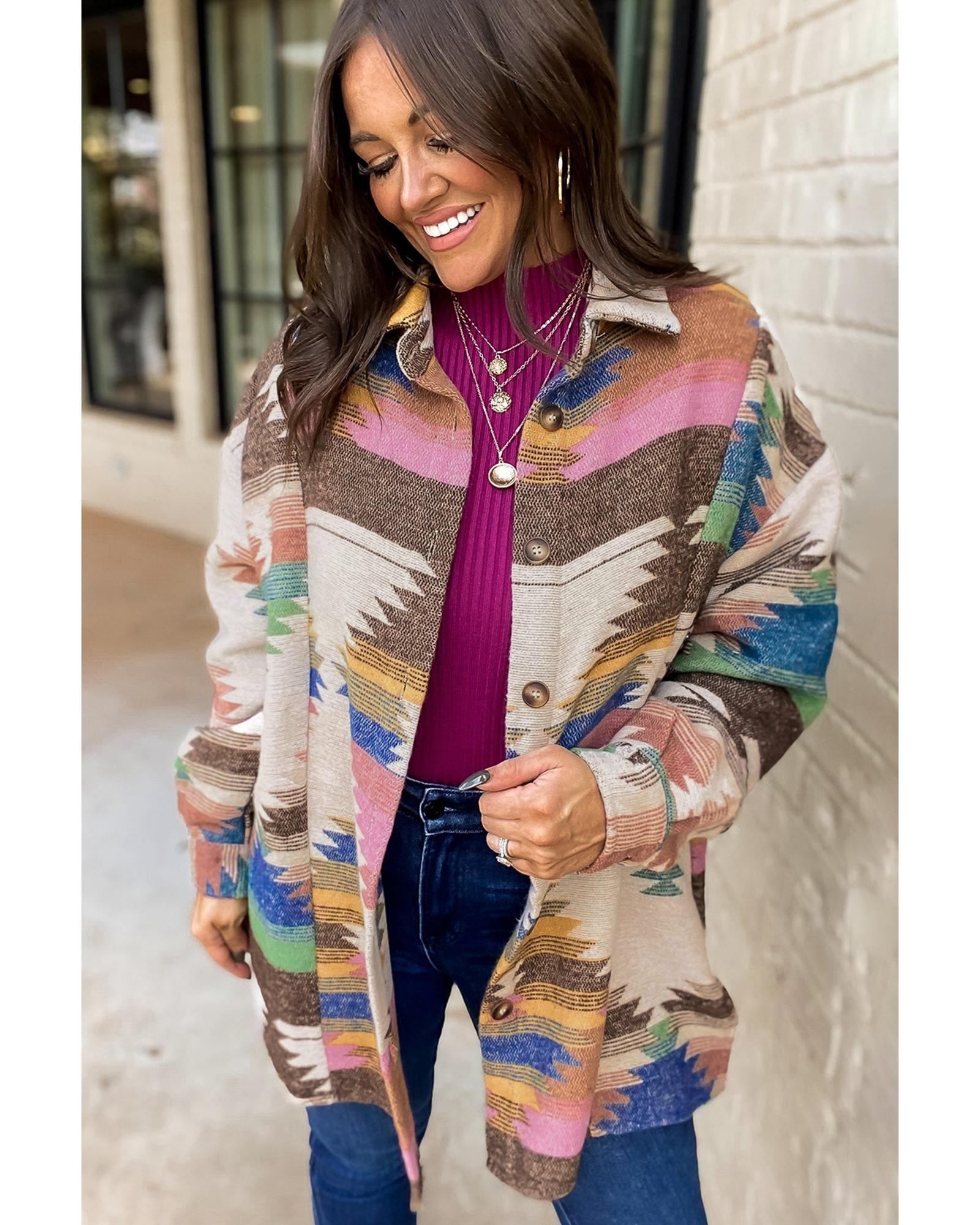 White Aztec Print Button Up Shacket - M