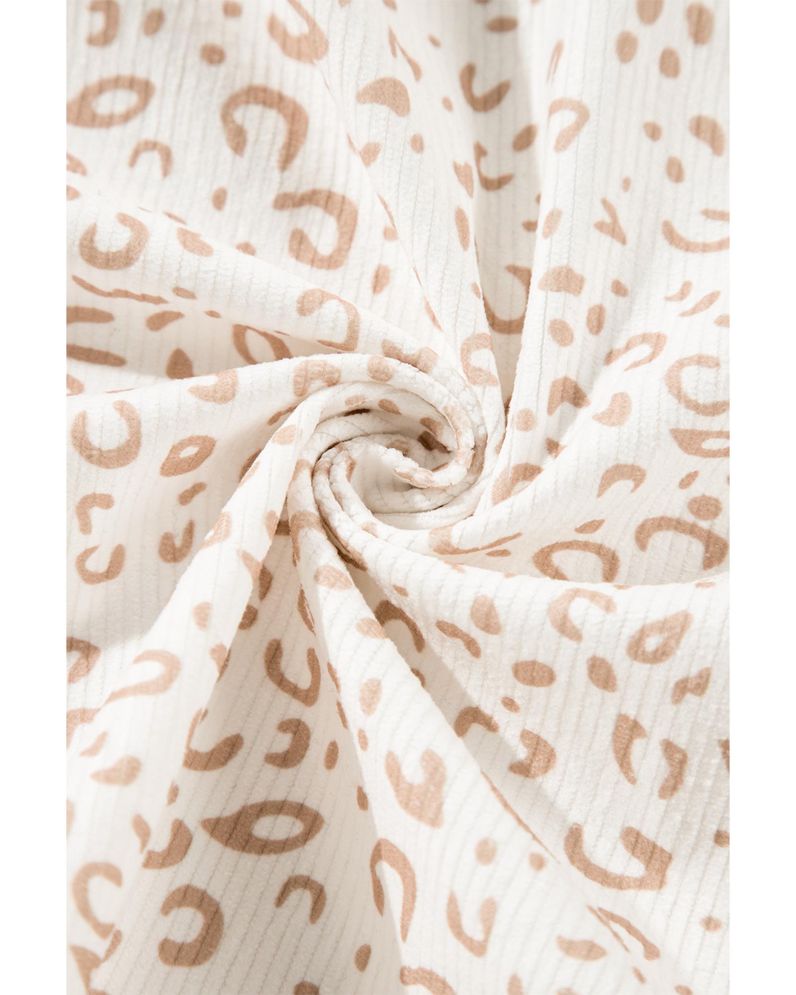 Beige Leopard Print Flap Pockets Buttoned Corduroy Shacket - L