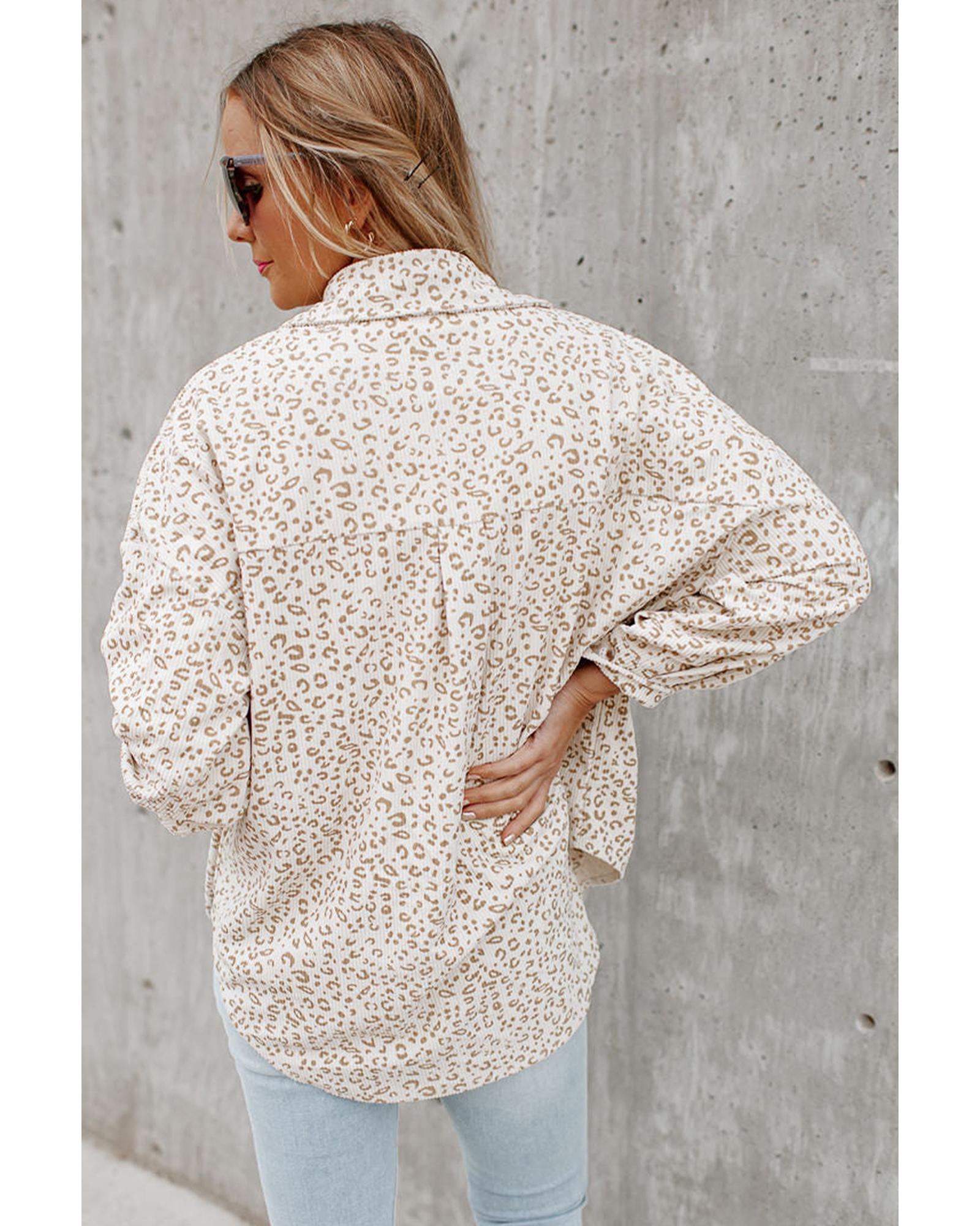 Beige Leopard Print Flap Pockets Buttoned Corduroy Shacket - M