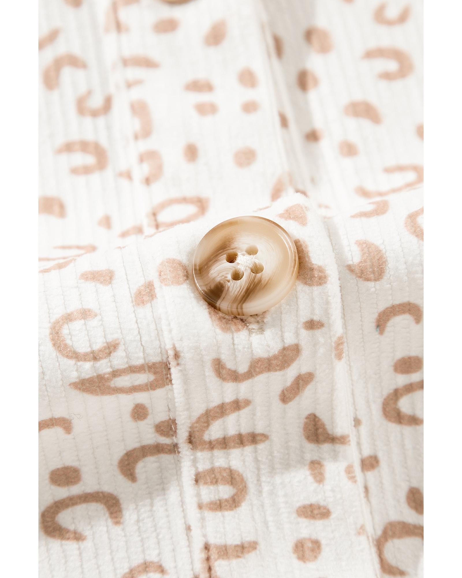 Beige Leopard Print Flap Pockets Buttoned Corduroy Shacket - M