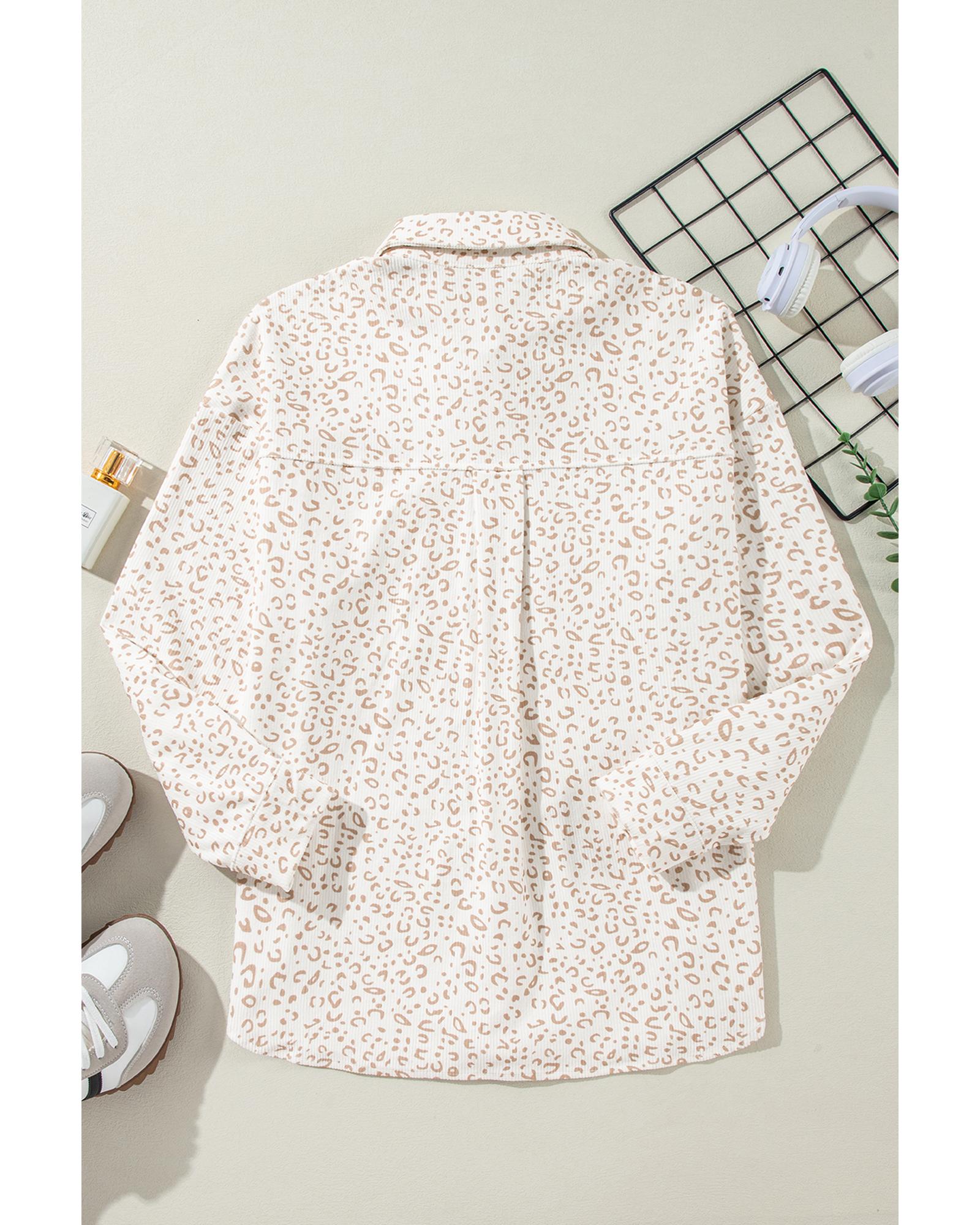Beige Leopard Print Flap Pockets Buttoned Corduroy Shacket - M