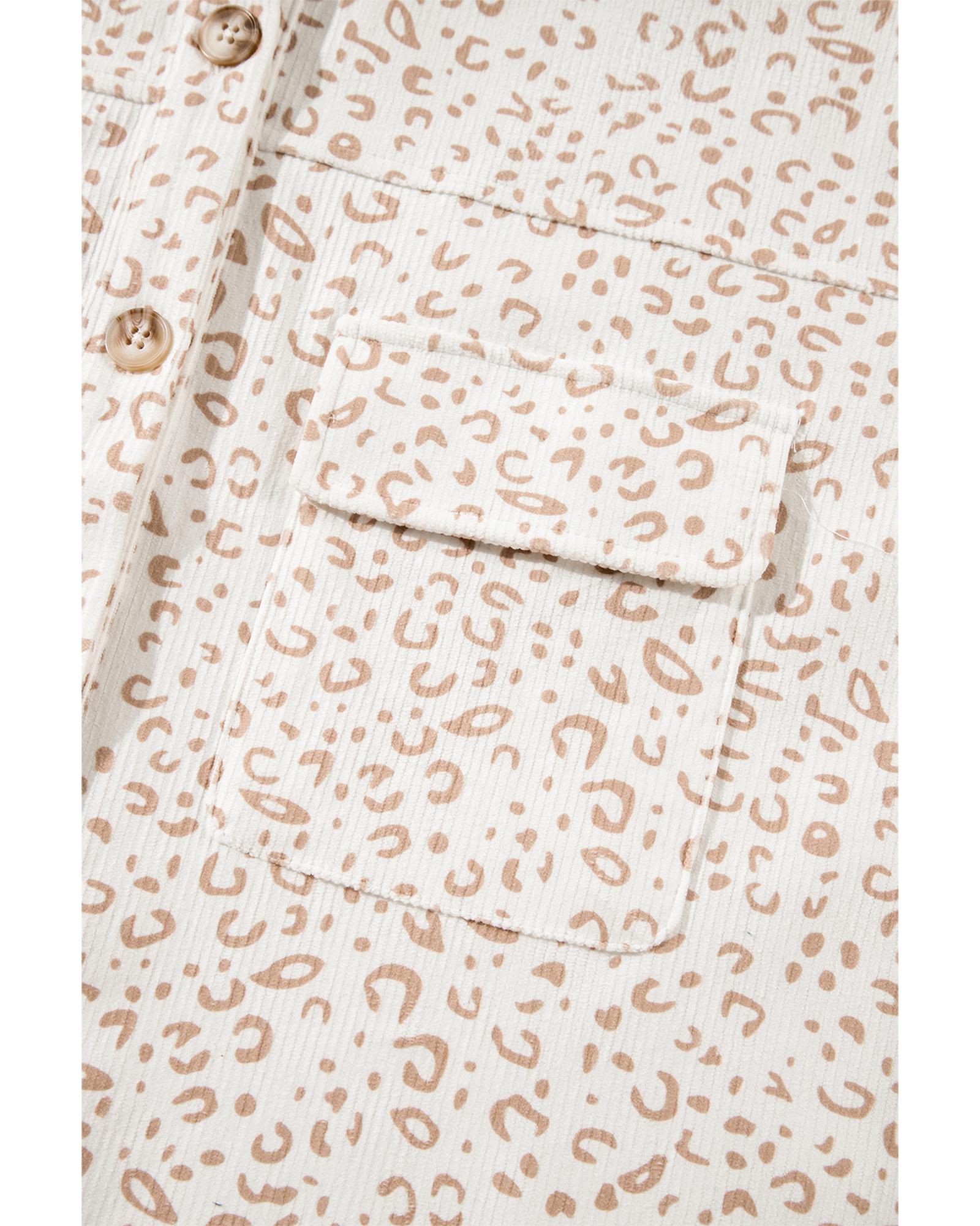 Beige Leopard Print Flap Pockets Buttoned Corduroy Shacket - M
