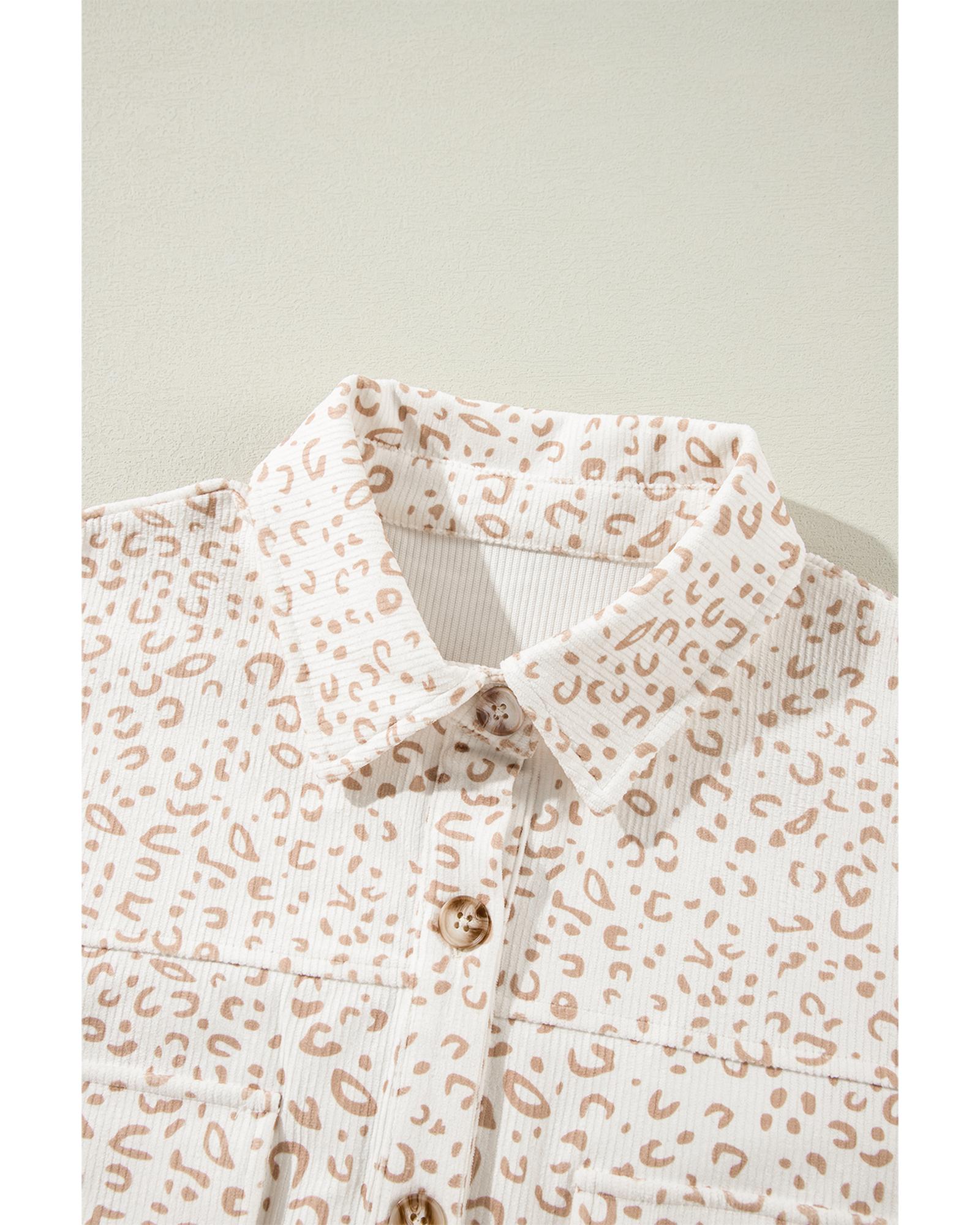 Beige Leopard Print Flap Pockets Buttoned Corduroy Shacket - S